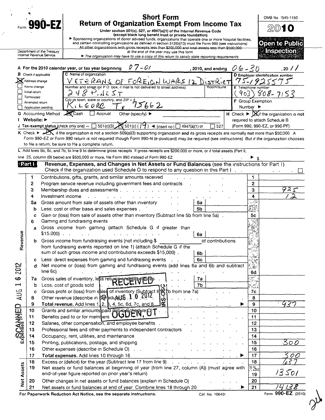 Image of first page of 2010 Form 990EO for Texas VFW - 12 District