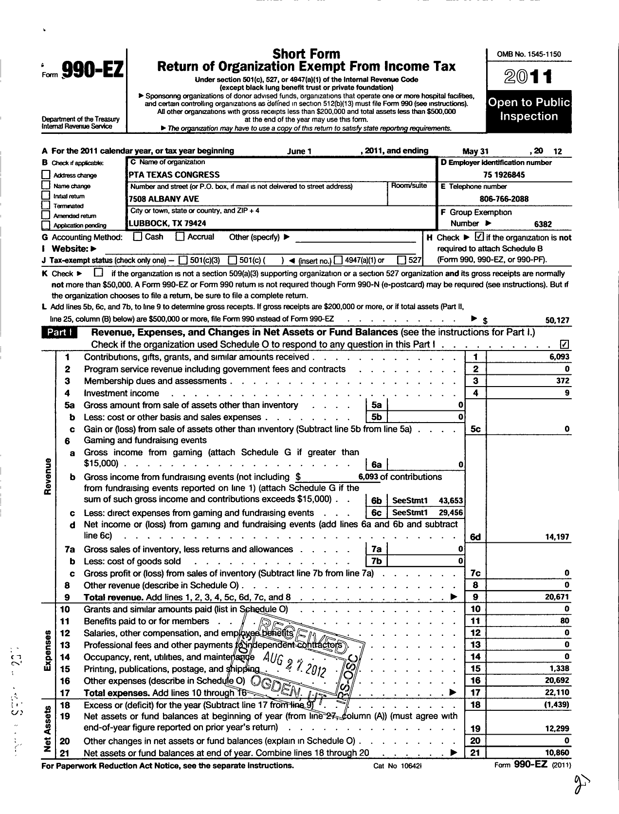 Image of first page of 2011 Form 990EO for Texas PTA - 6382 James Whiteside Elementary