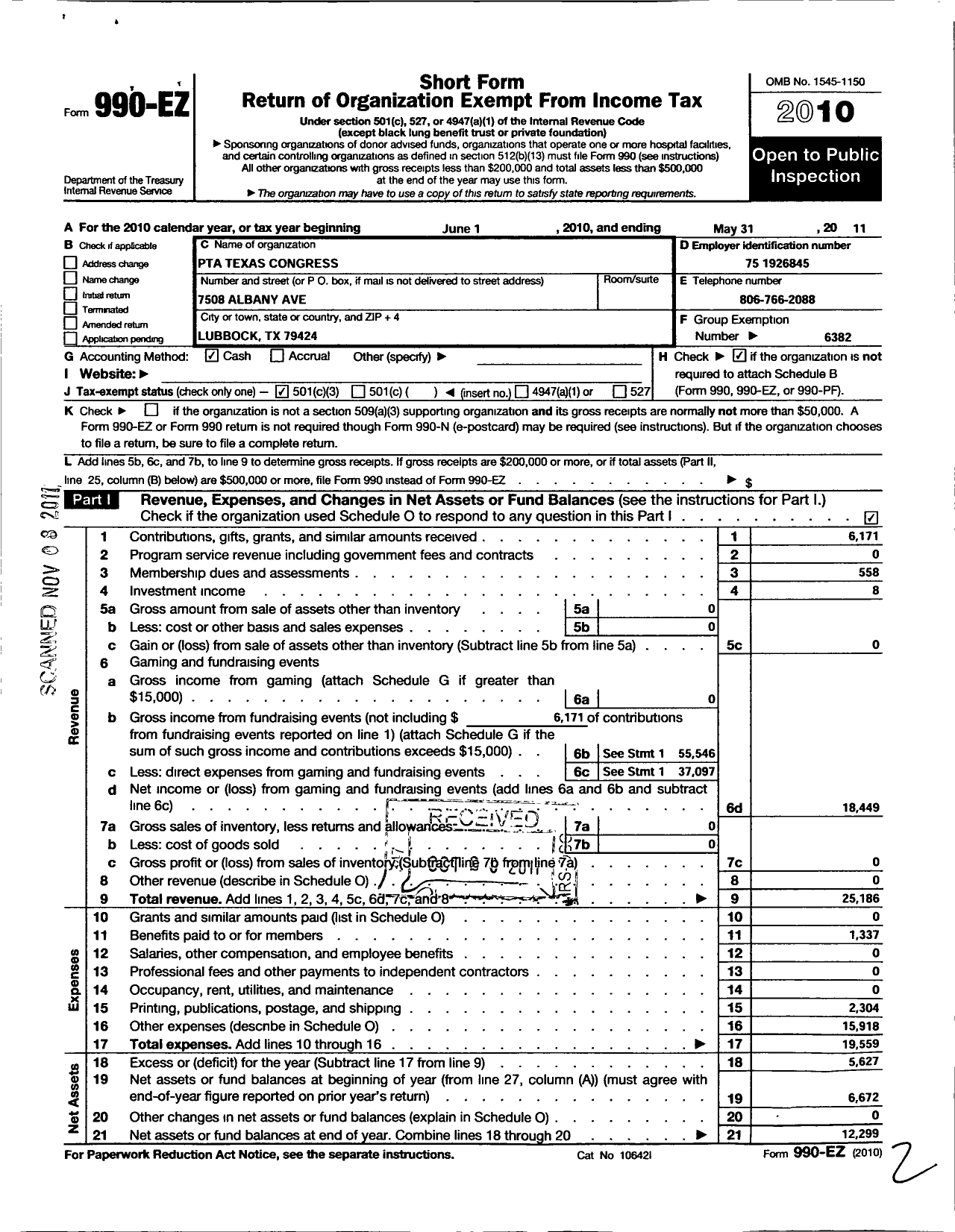 Image of first page of 2010 Form 990EZ for Texas PTA - 6382 James Whiteside Elementary