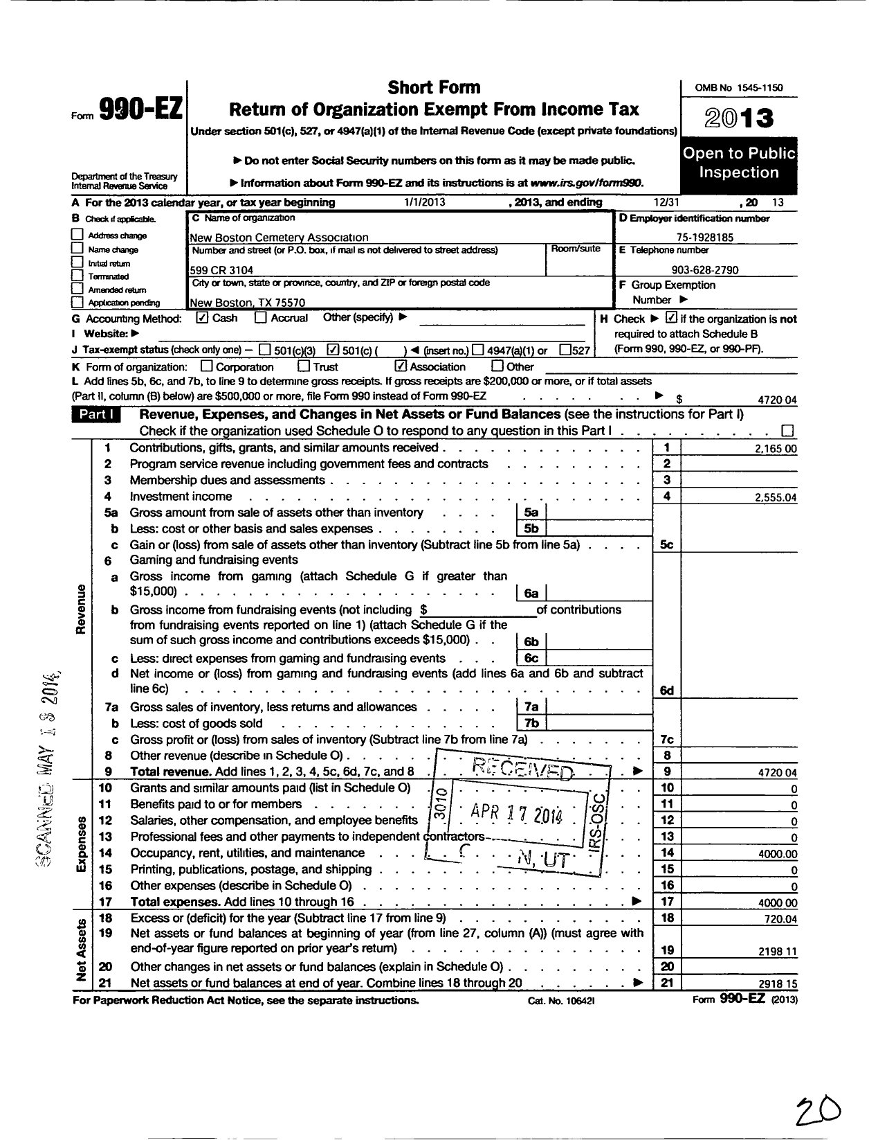 Image of first page of 2013 Form 990EO for New Boston Cemetery Association