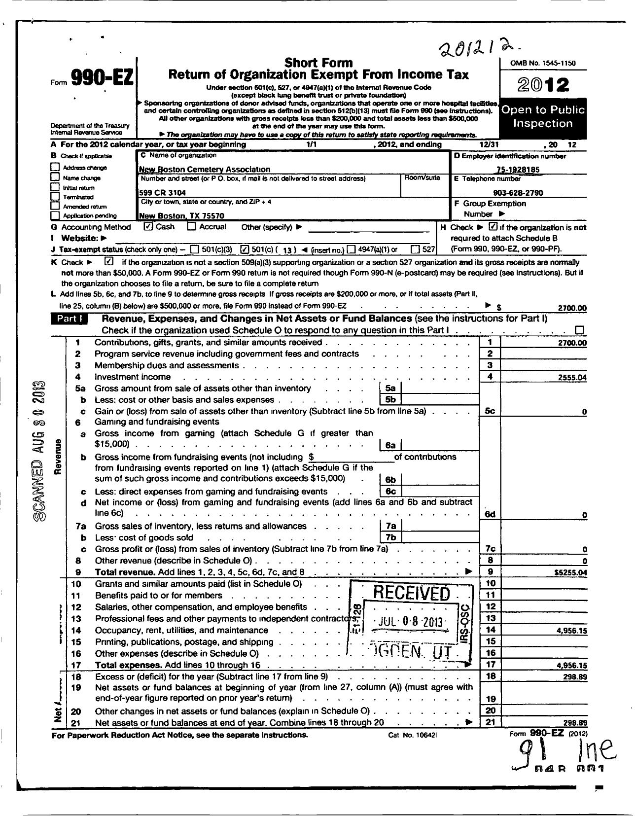 Image of first page of 2012 Form 990EO for New Boston Cemetery Association