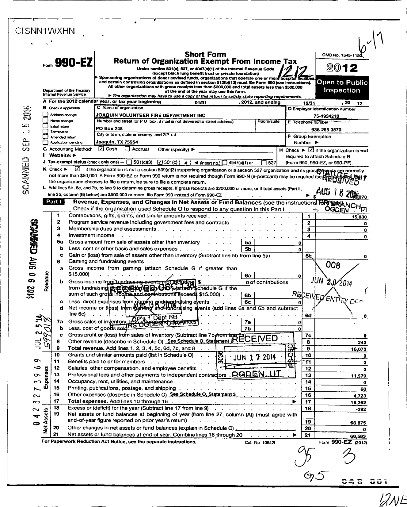 Image of first page of 2012 Form 990EO for Joaquin Volunteer Fire Department