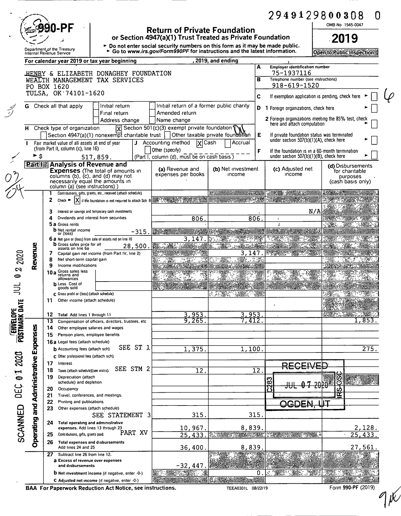 Image of first page of 2019 Form 990PF for Henry and Elizabeth Donaghey Foundation Bokf Na