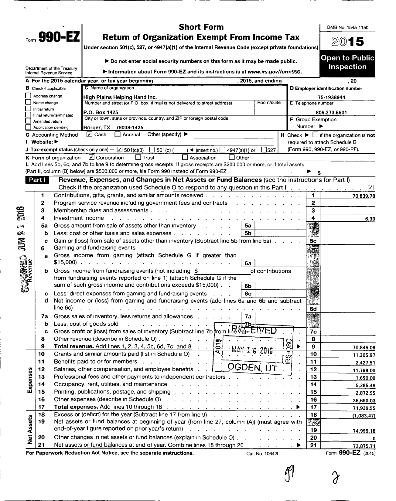 Image of first page of 2015 Form 990EZ for High Plains Helping Hands