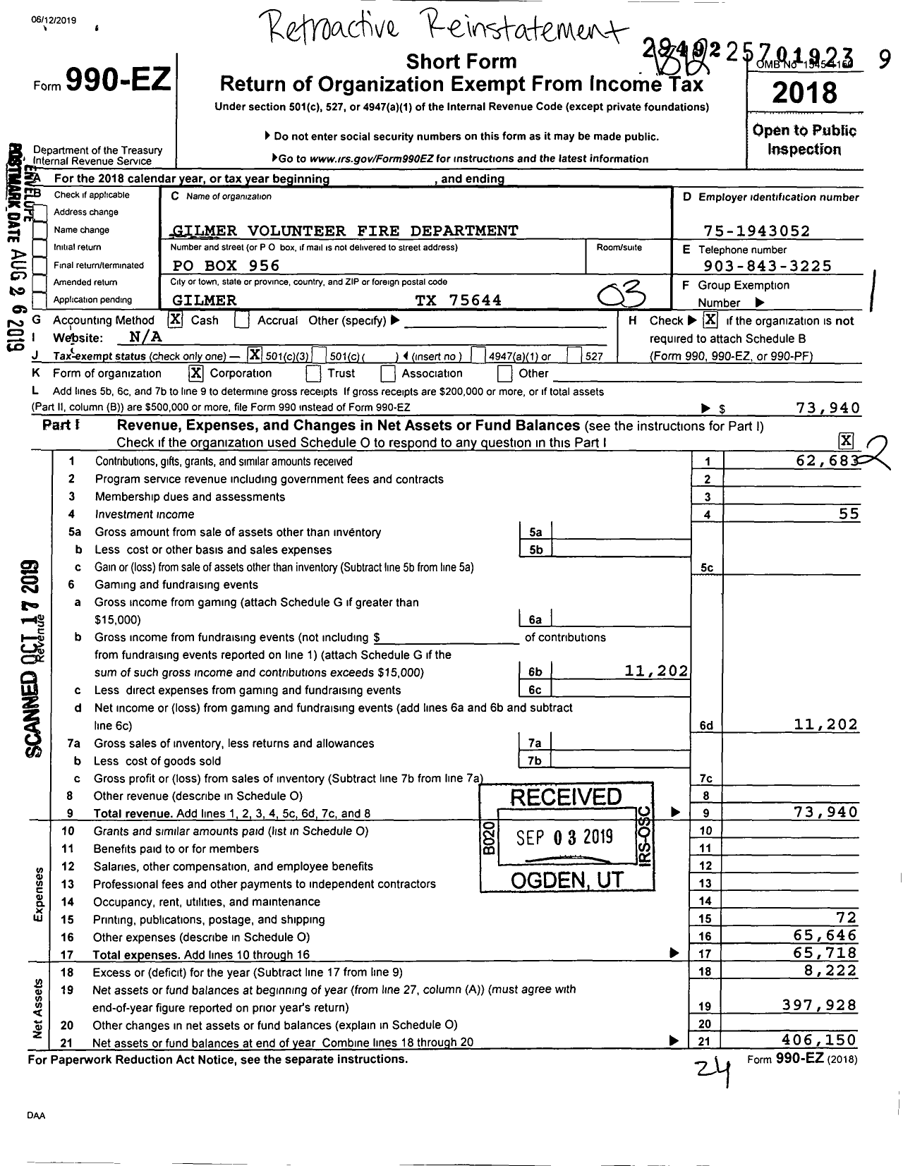 Image of first page of 2018 Form 990EZ for Gilmer Volunteer Fire Department