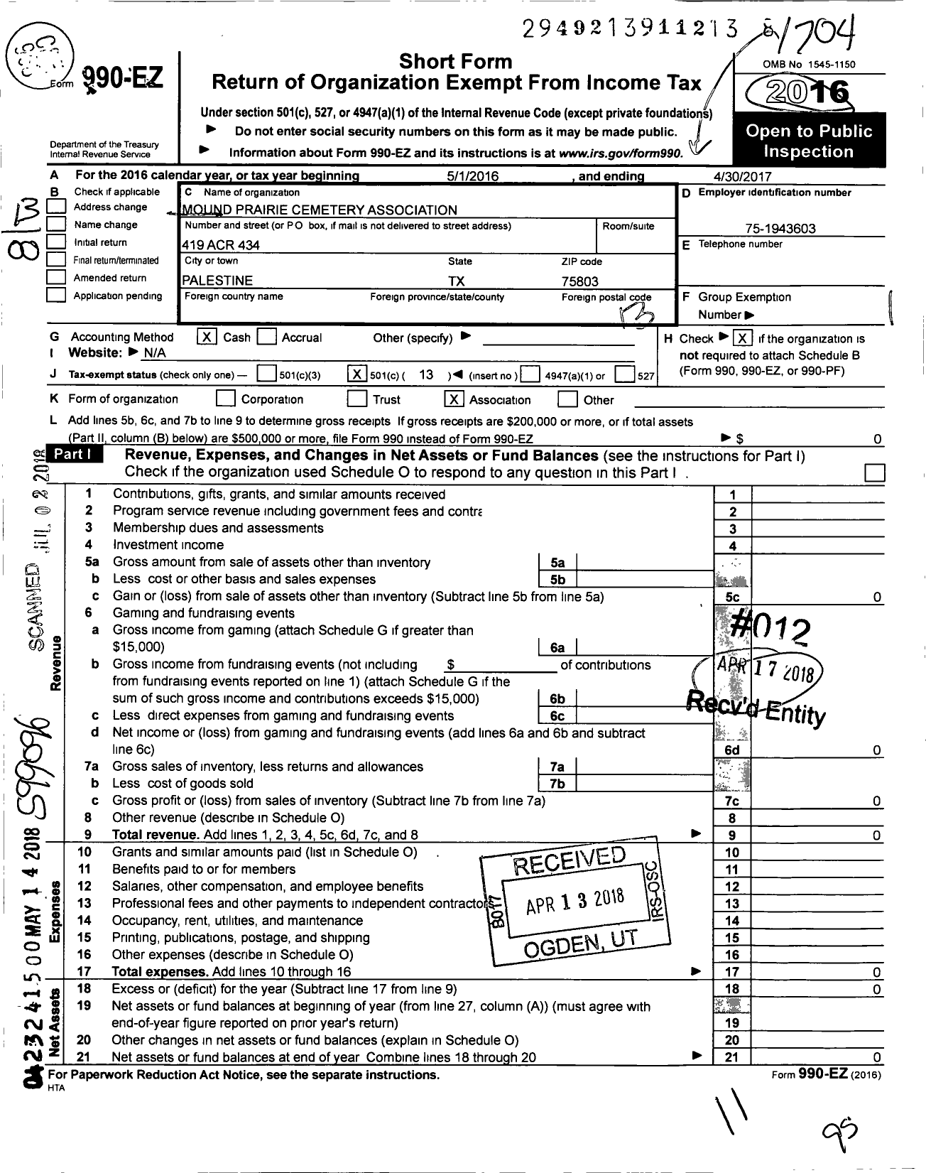 Image of first page of 2016 Form 990EO for Mound Prairie Cemetery Association