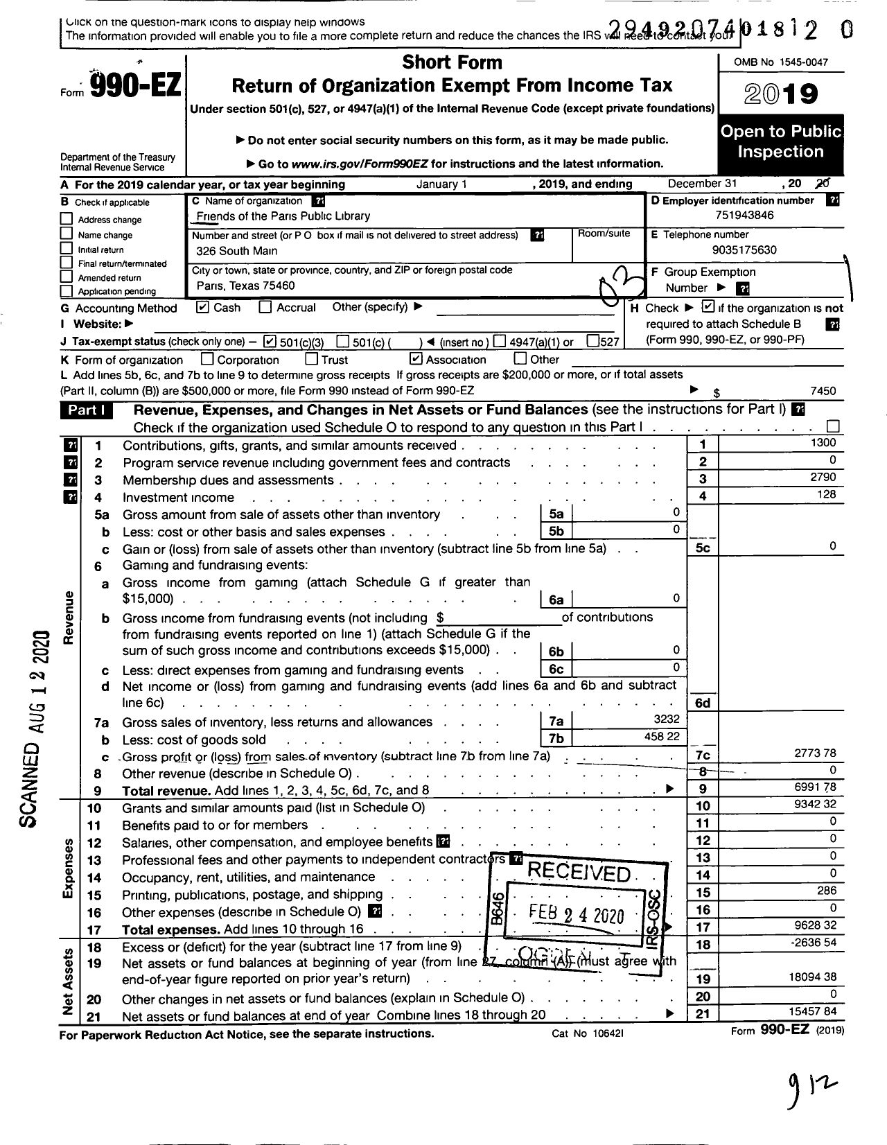 Image of first page of 2019 Form 990EZ for Friends of the Paris Public Library