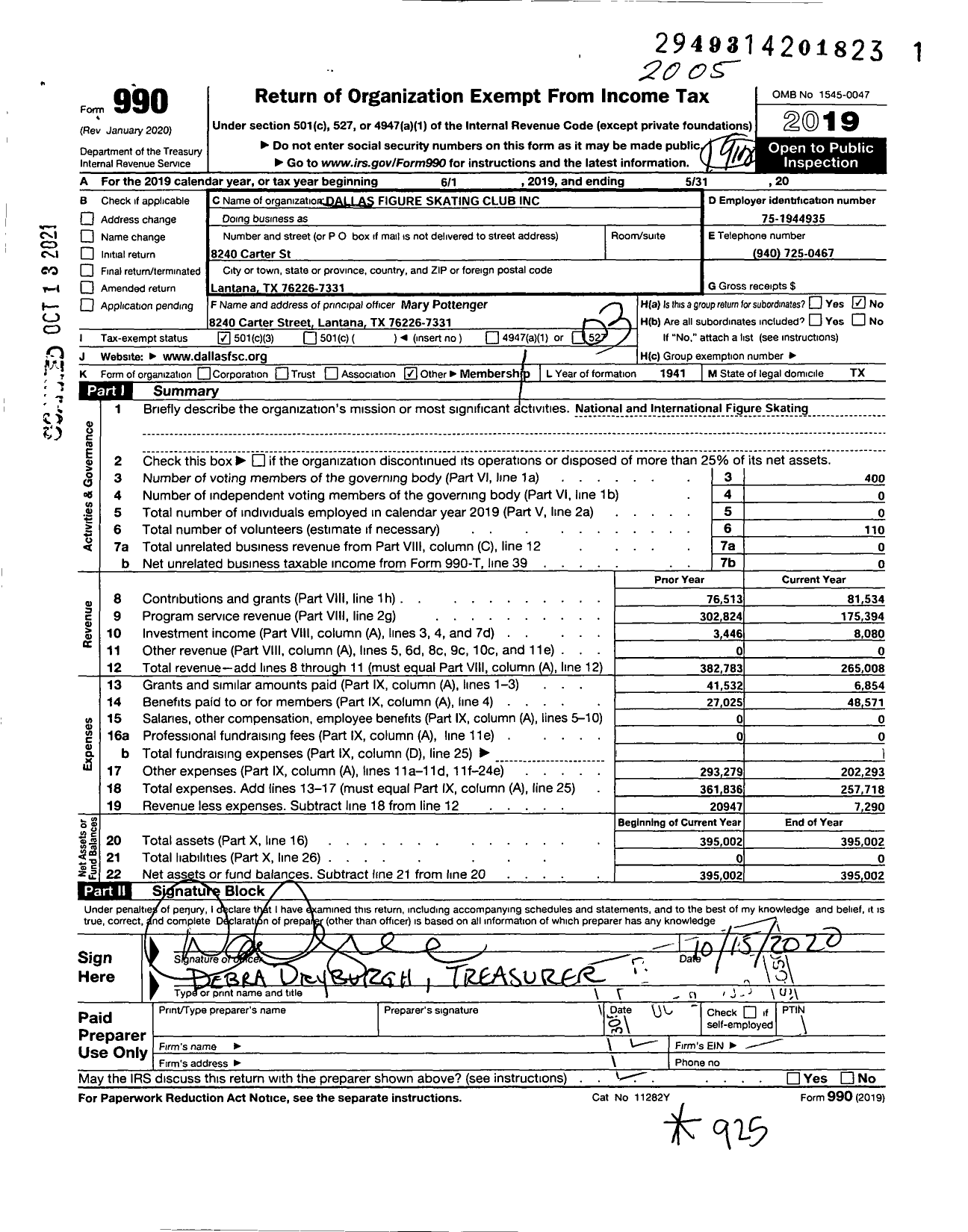 Image of first page of 2019 Form 990 for Dallas Figure Skating Club