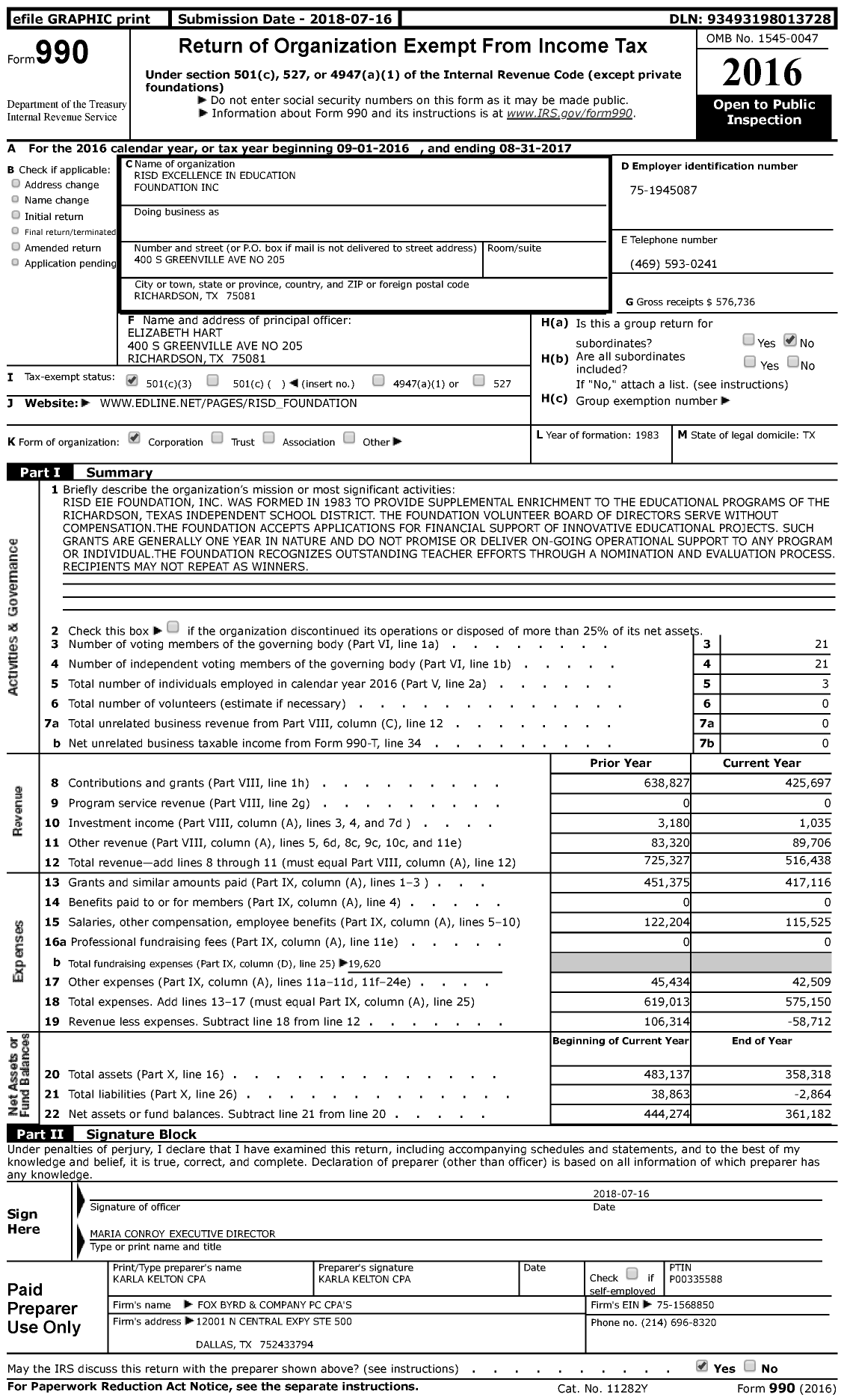 Image of first page of 2016 Form 990 for The Richardson ISD Foundation