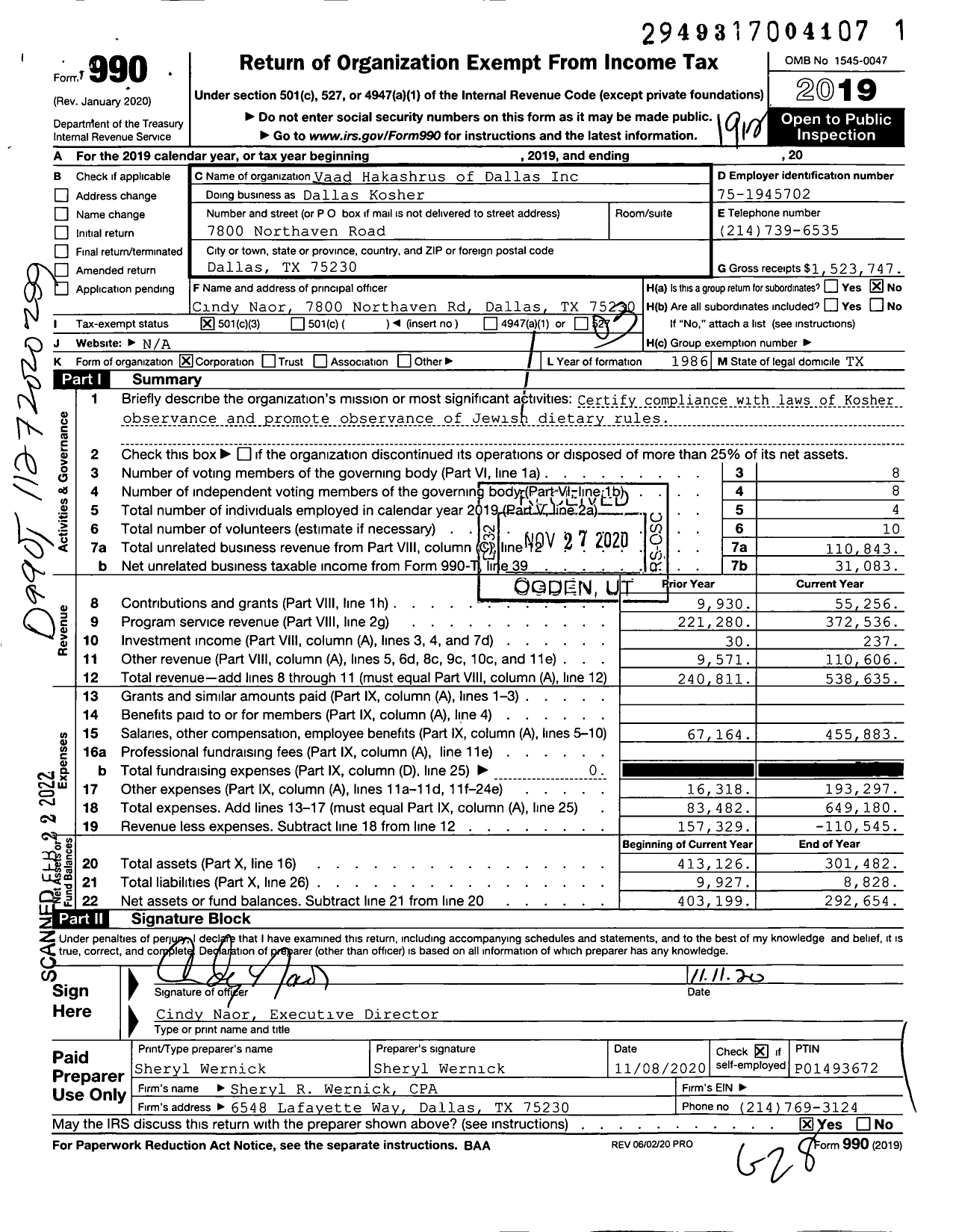 Image of first page of 2019 Form 990 for Dallas Kosher