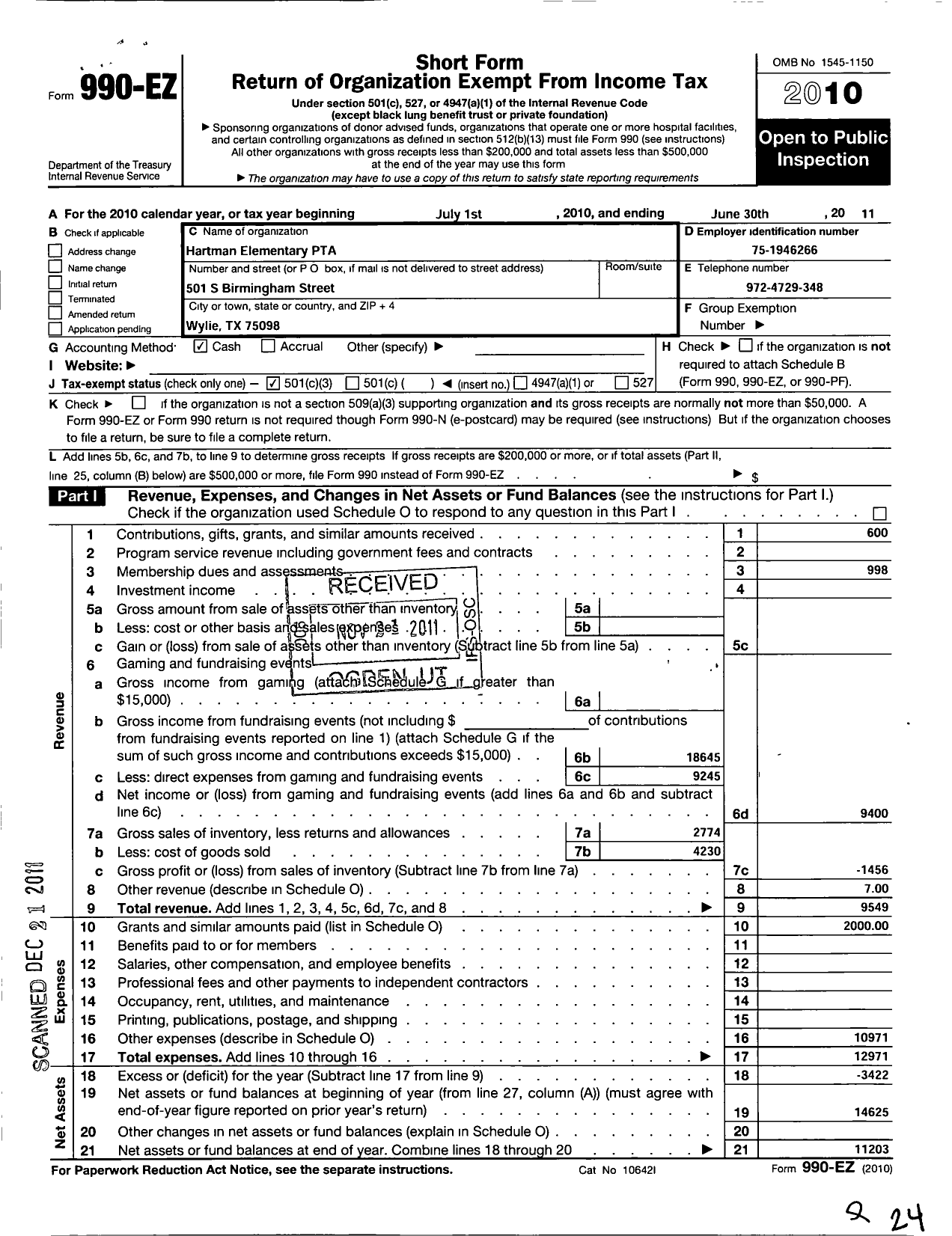 Image of first page of 2010 Form 990EZ for Texas PTA - 9897 R F Hartman Elementary PTA