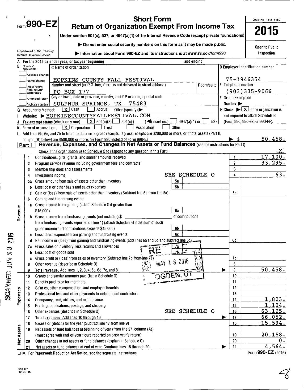 Image of first page of 2015 Form 990EZ for Hopkins County Fall Festival