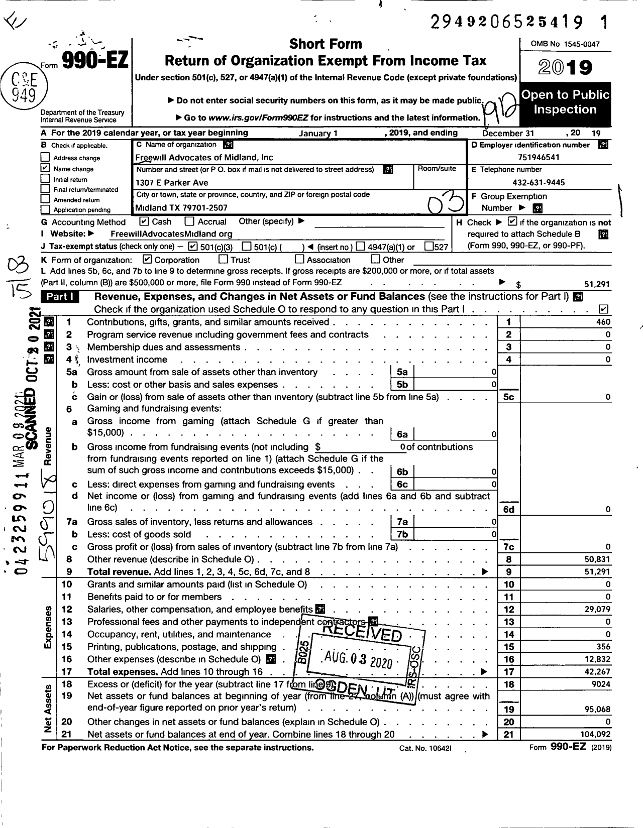 Image of first page of 2019 Form 990EZ for Freewill Advocates of Midland