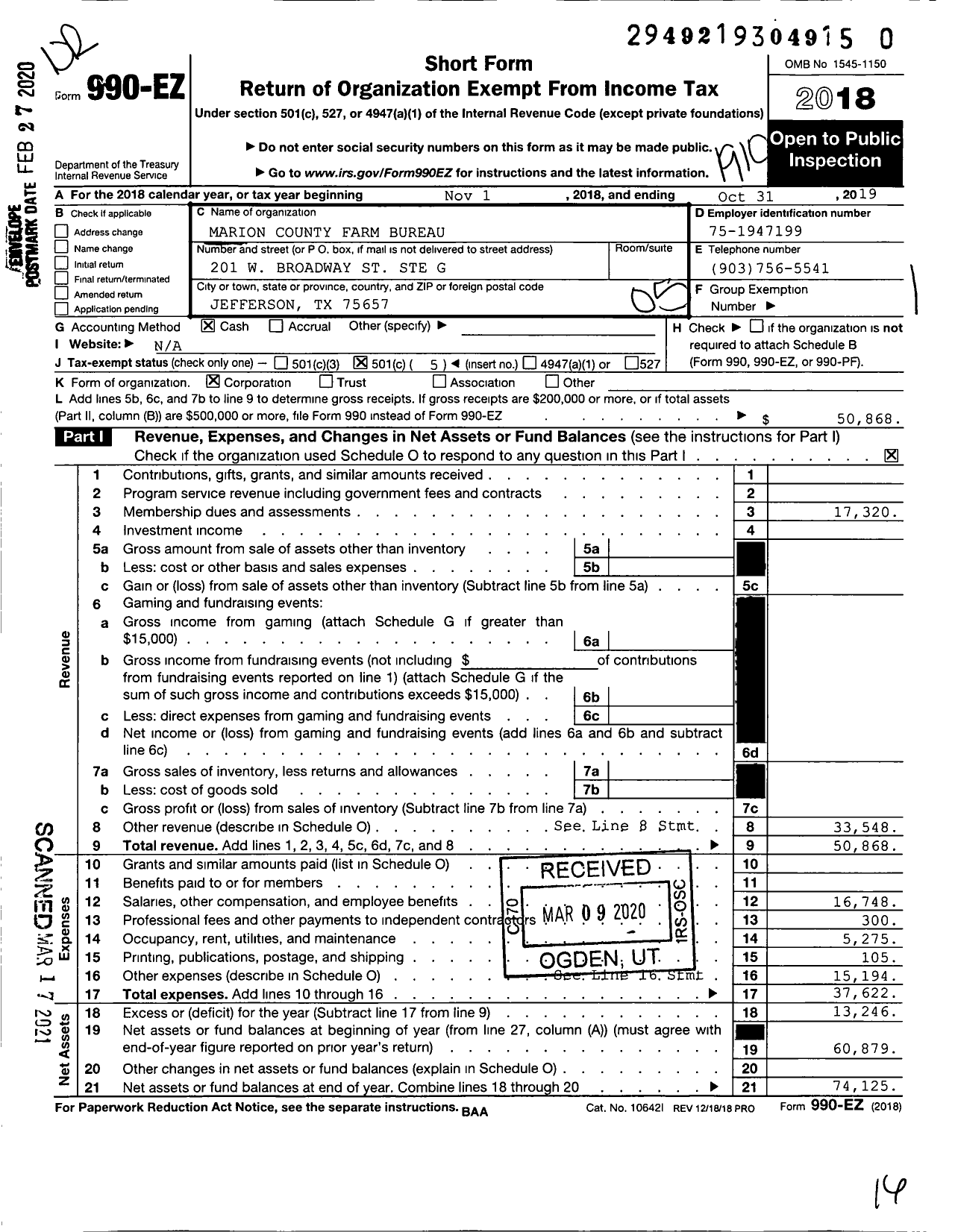 Image of first page of 2018 Form 990EO for Marion County Farm Bureau