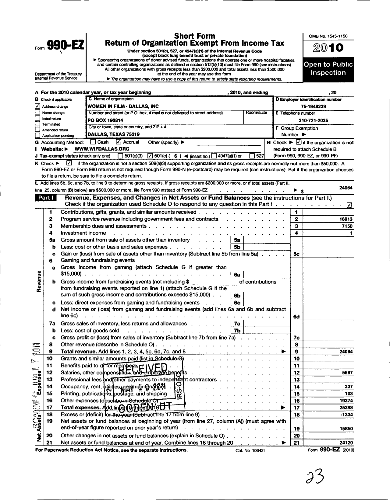 Image of first page of 2010 Form 990EO for Women in Film - Dallas