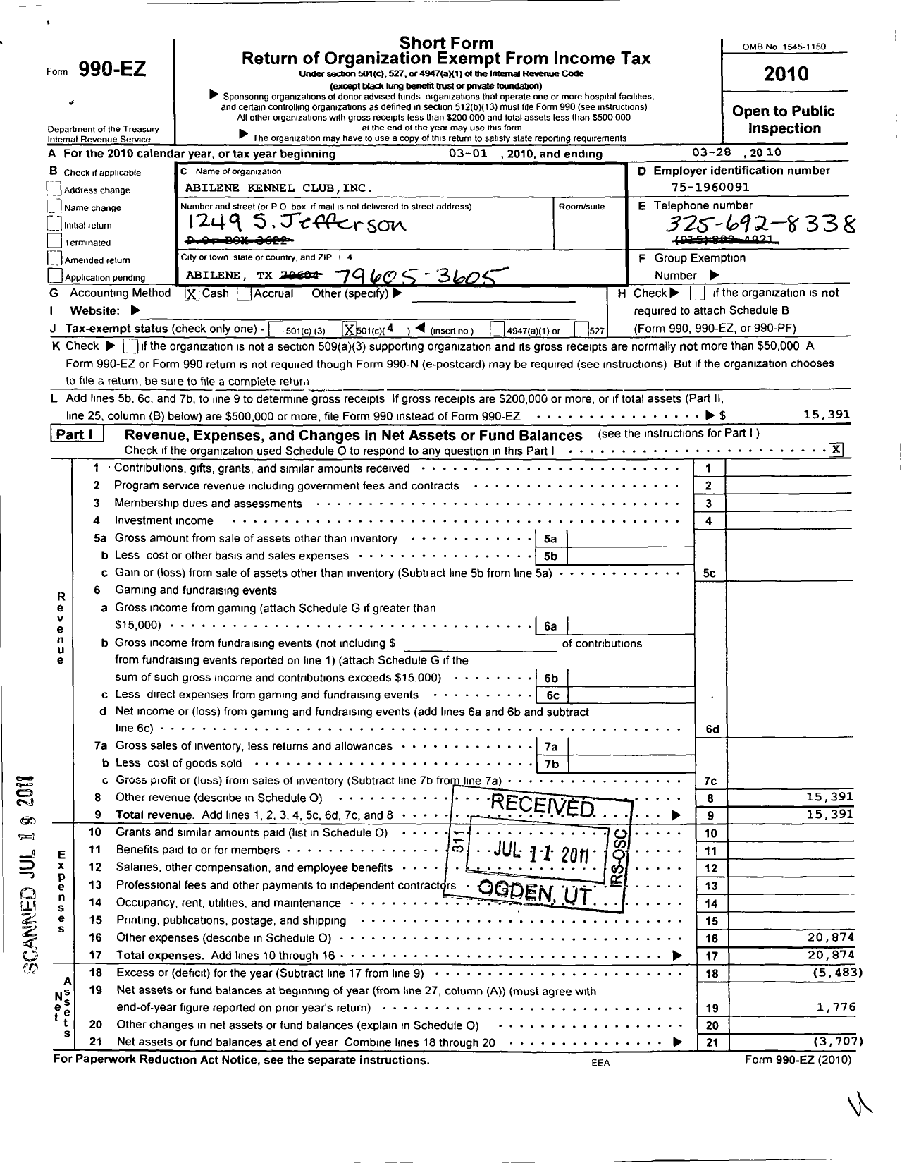 Image of first page of 2009 Form 990EO for Abilene Kennel Club