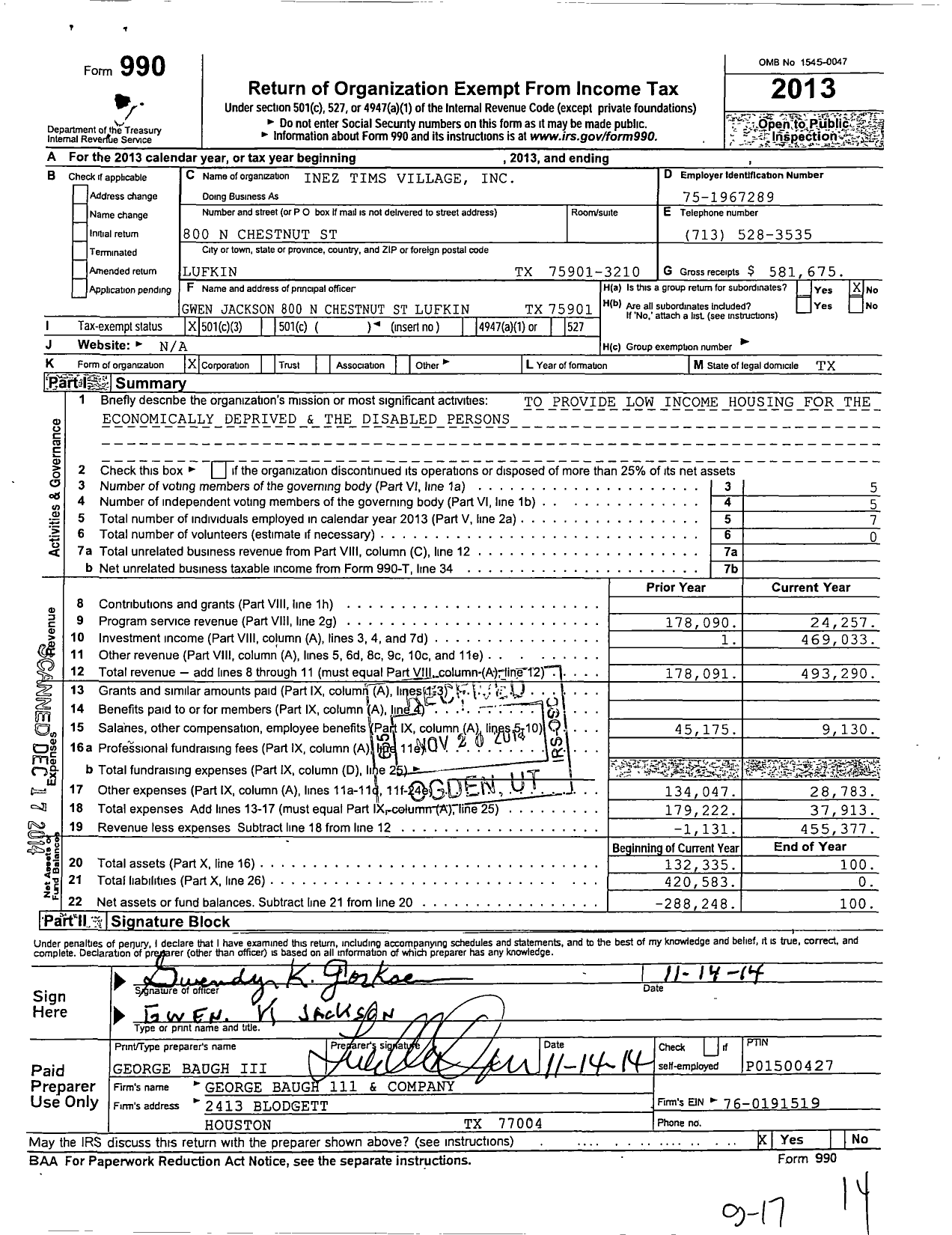 Image of first page of 2013 Form 990 for Inez Tims Village