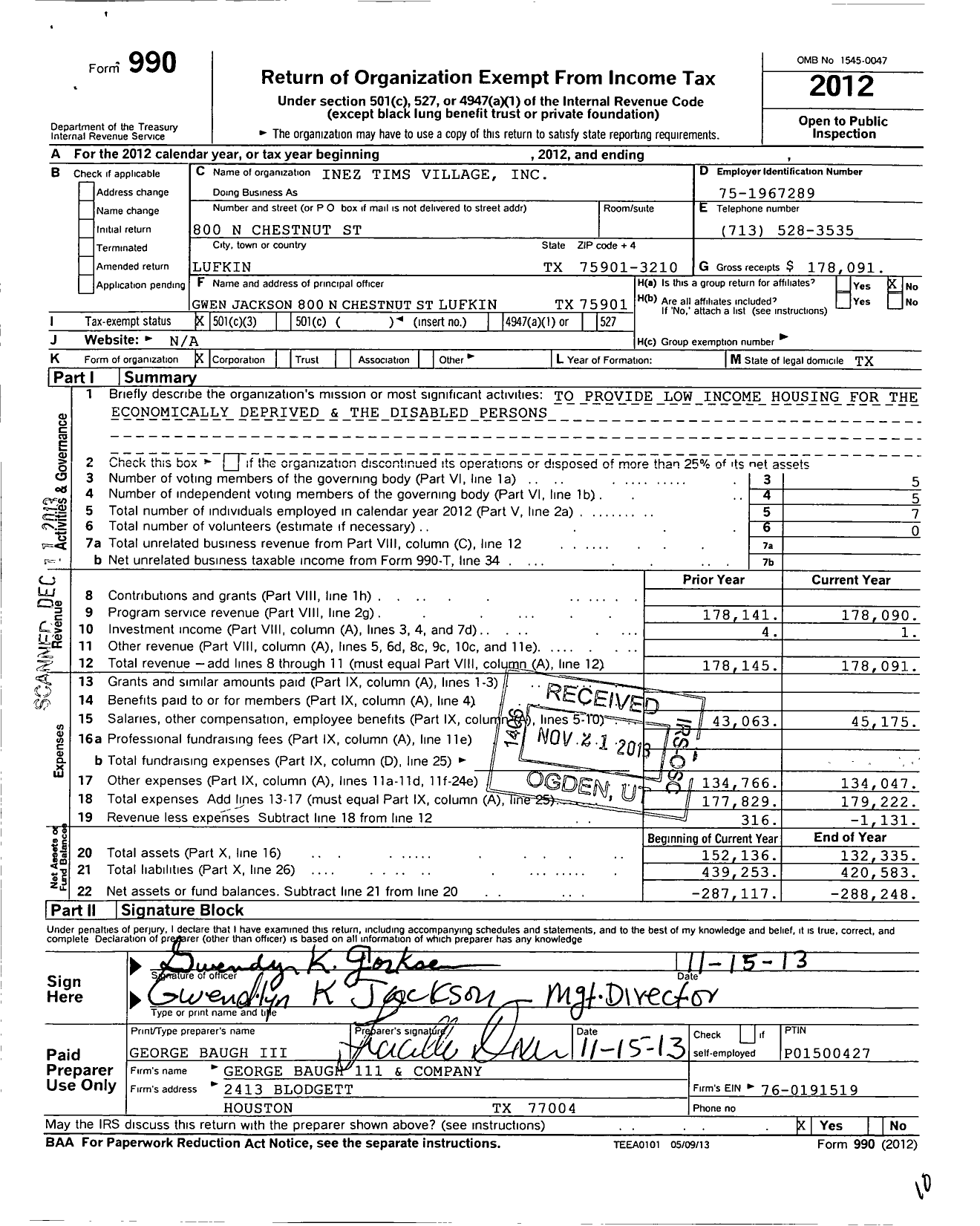 Image of first page of 2012 Form 990 for Inez Tims Village