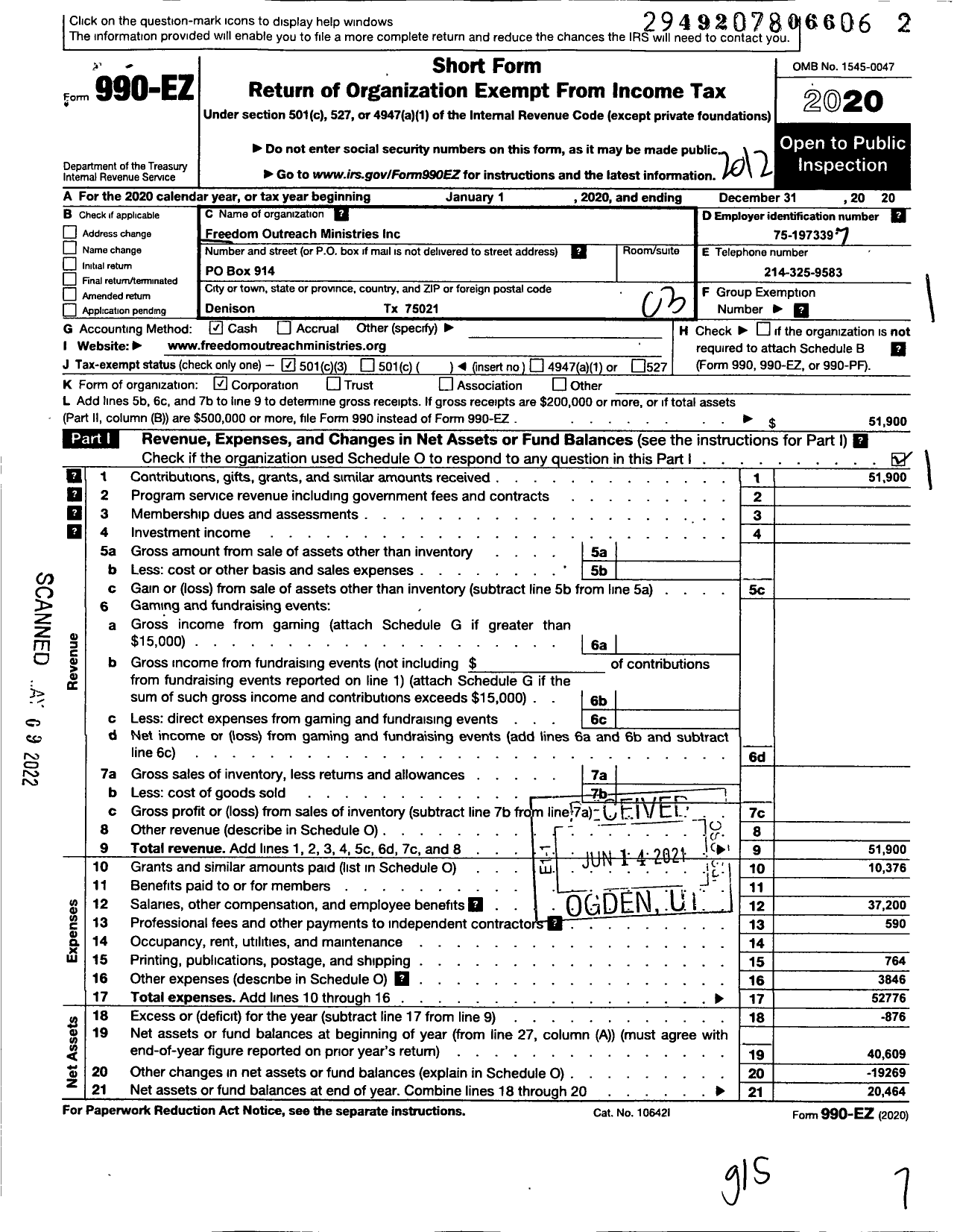 Image of first page of 2020 Form 990EZ for Freedom Outreach Ministries