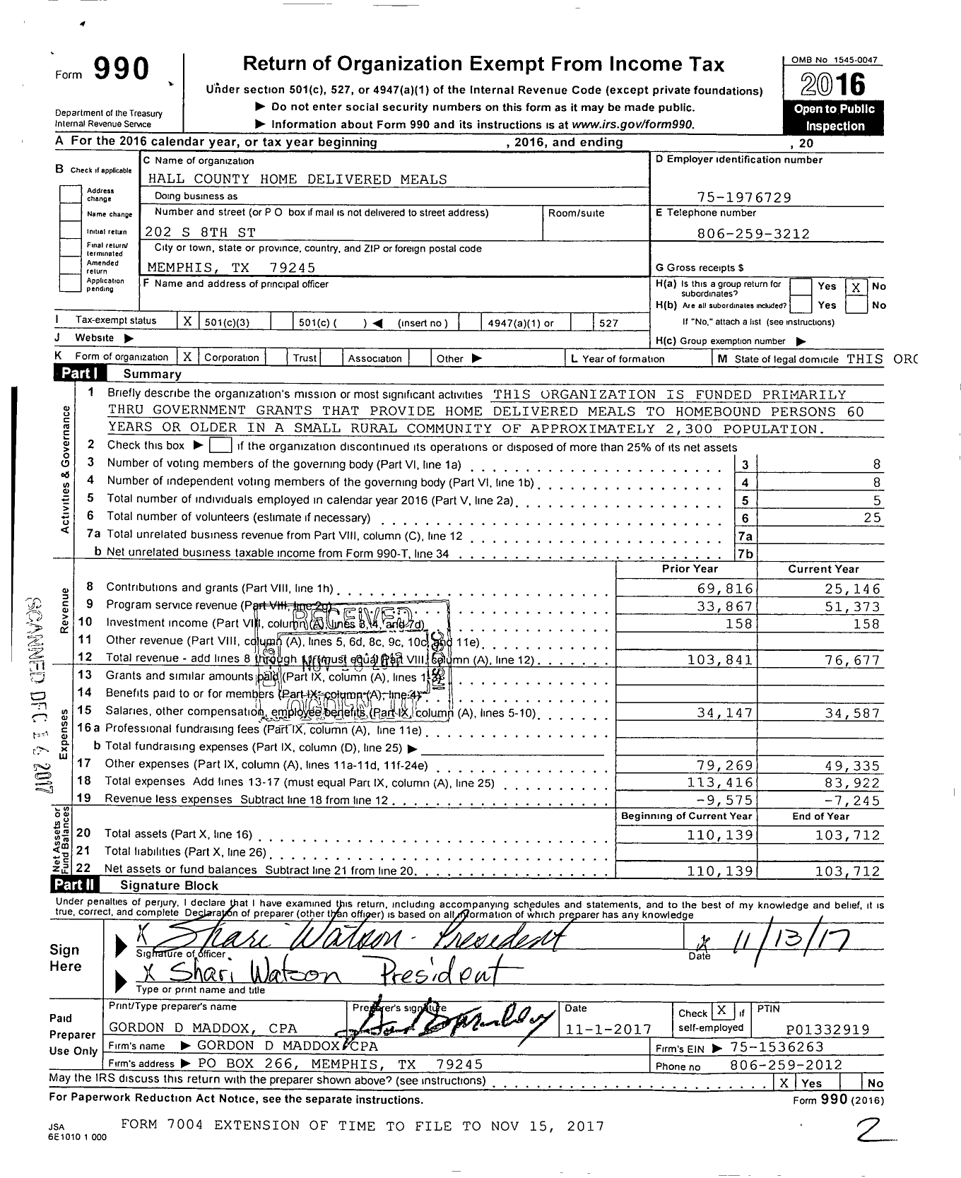 Image of first page of 2016 Form 990 for Hall County Home Delivered Meals
