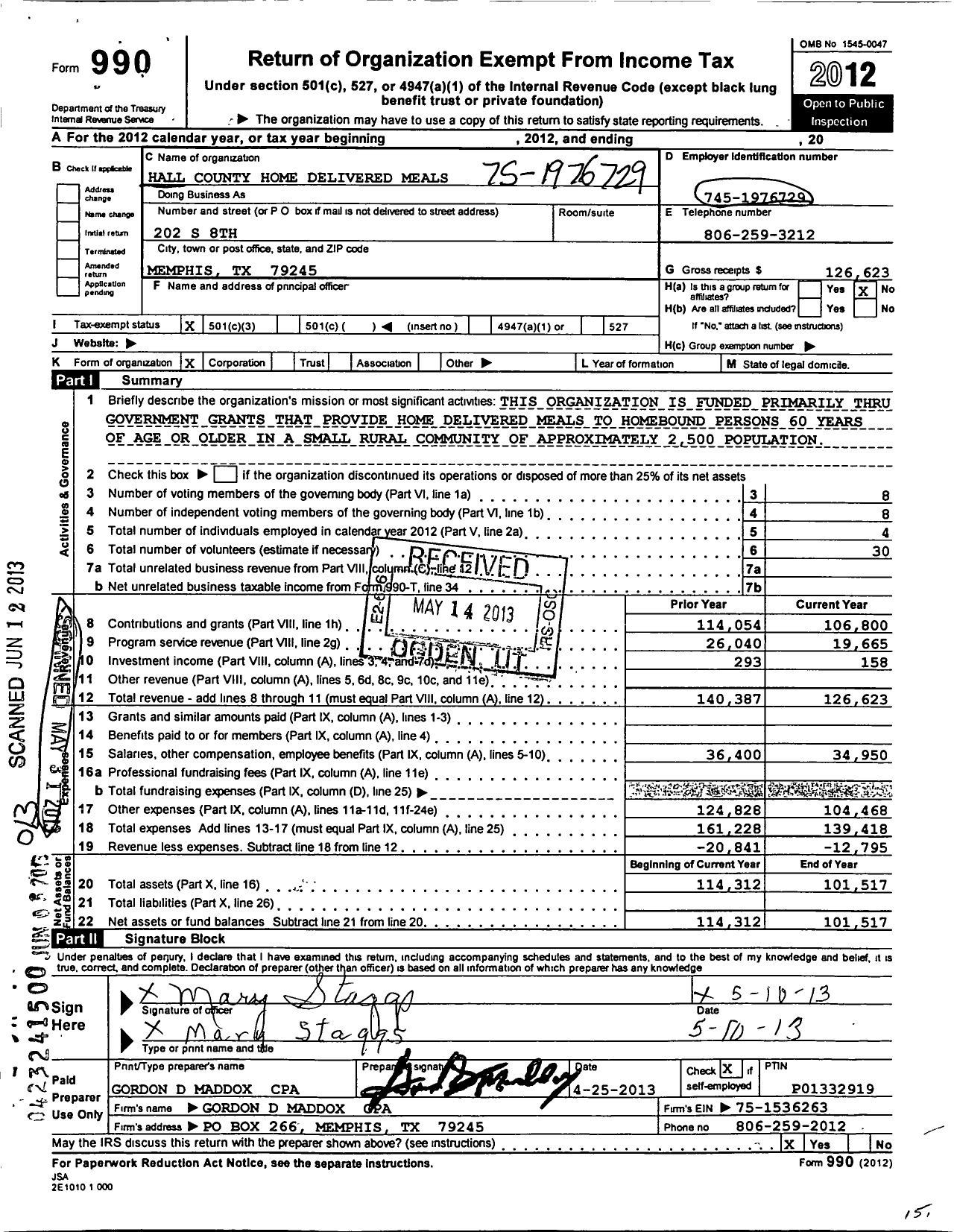 Image of first page of 2012 Form 990 for Hall County Home Delivered Meals
