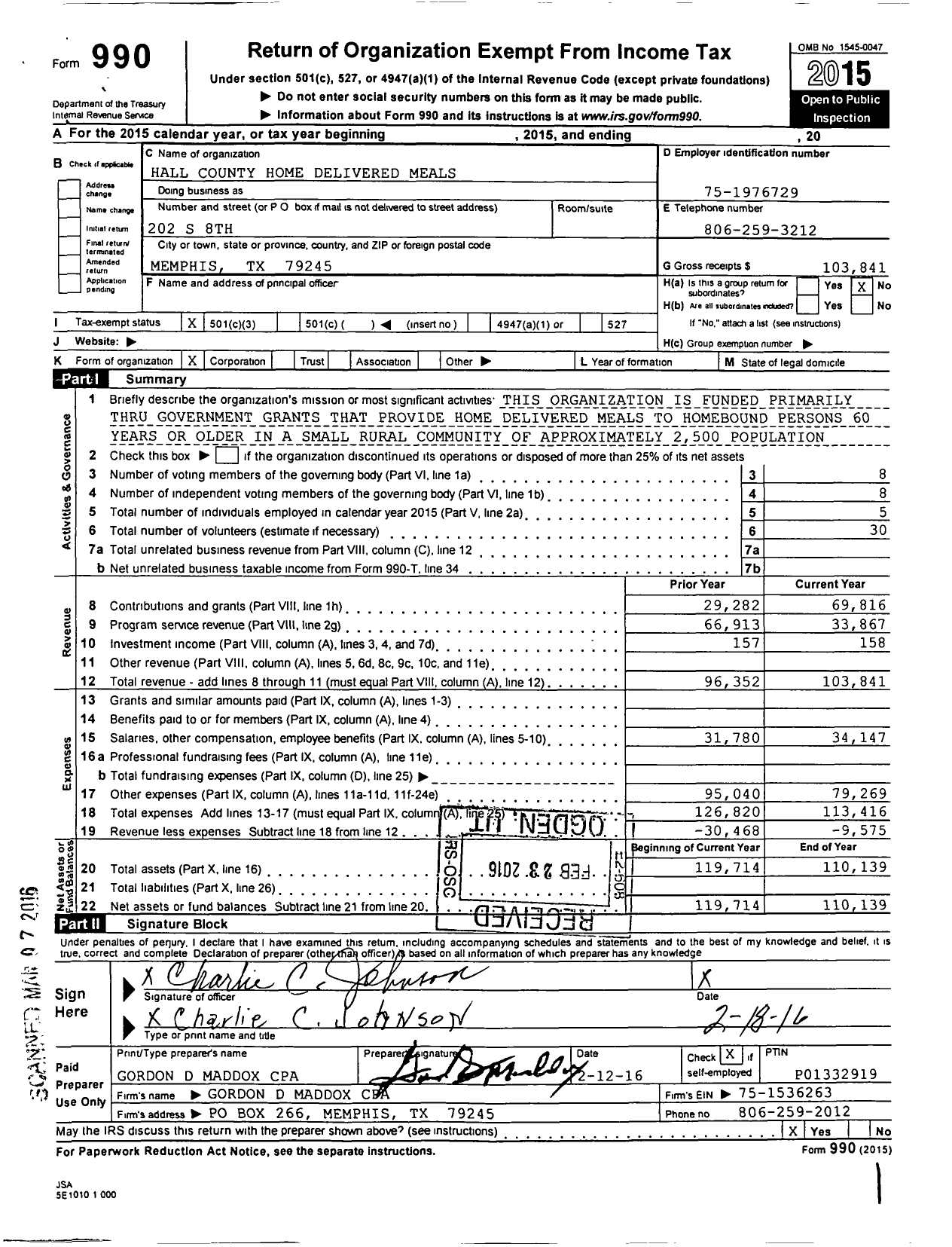 Image of first page of 2015 Form 990 for Hall County Home Delivered Meals