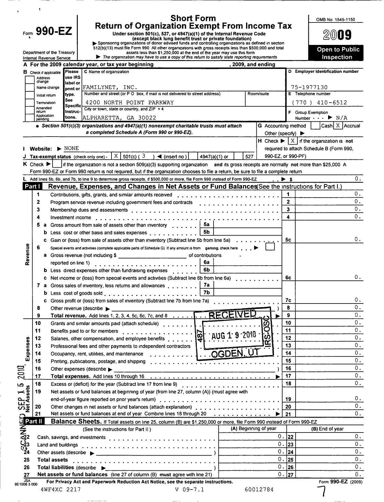 Image of first page of 2009 Form 990EZ for Familynet