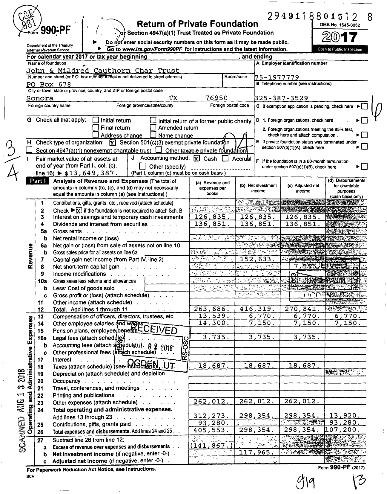 Image of first page of 2017 Form 990PF for John & Mildred Cauthorn Charitable