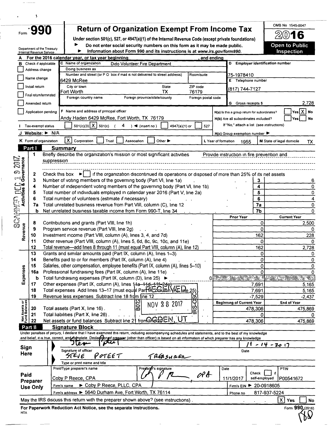 Image of first page of 2016 Form 990O for Dido Volunteer Fire Department