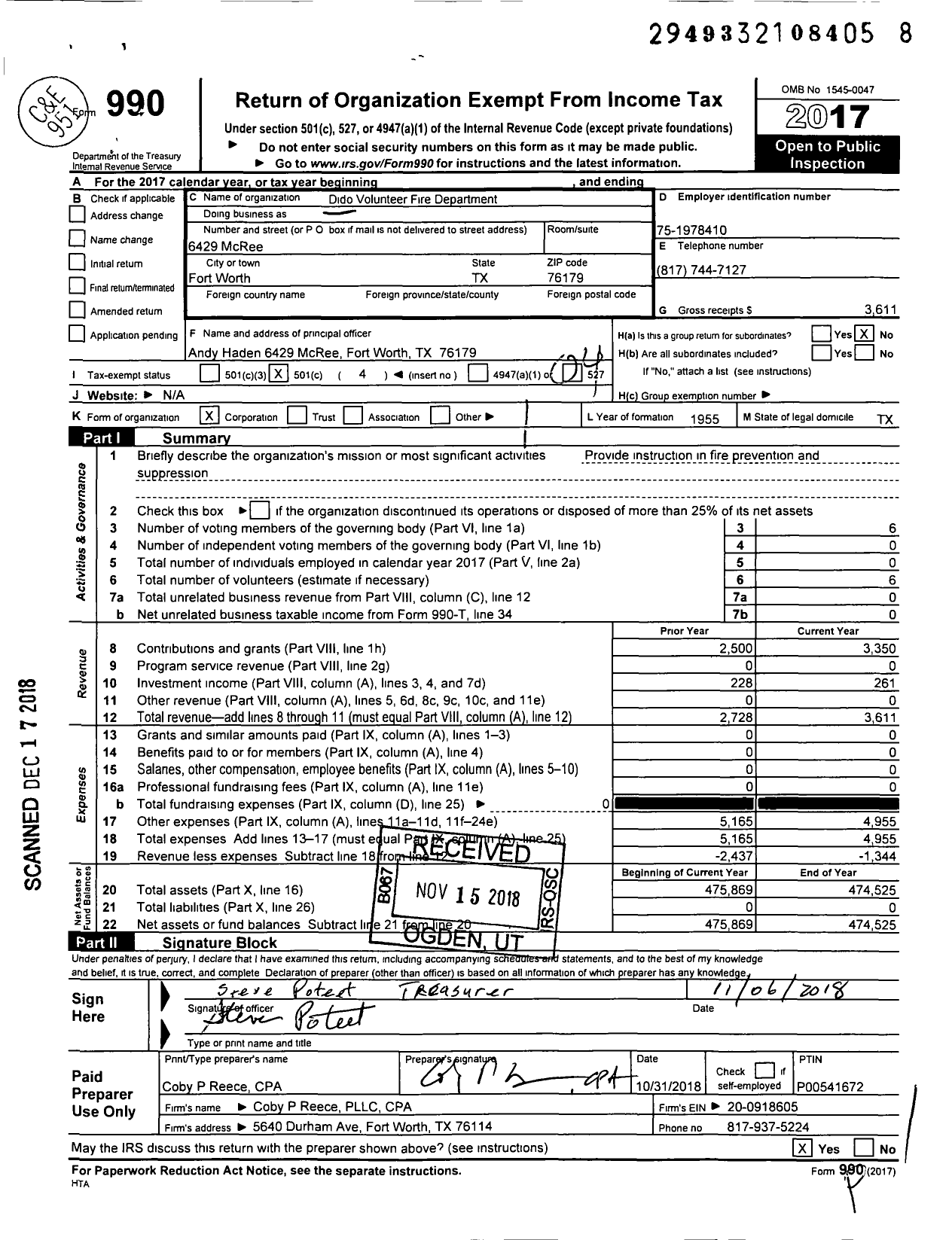 Image of first page of 2017 Form 990O for Dido Volunteer Fire Department