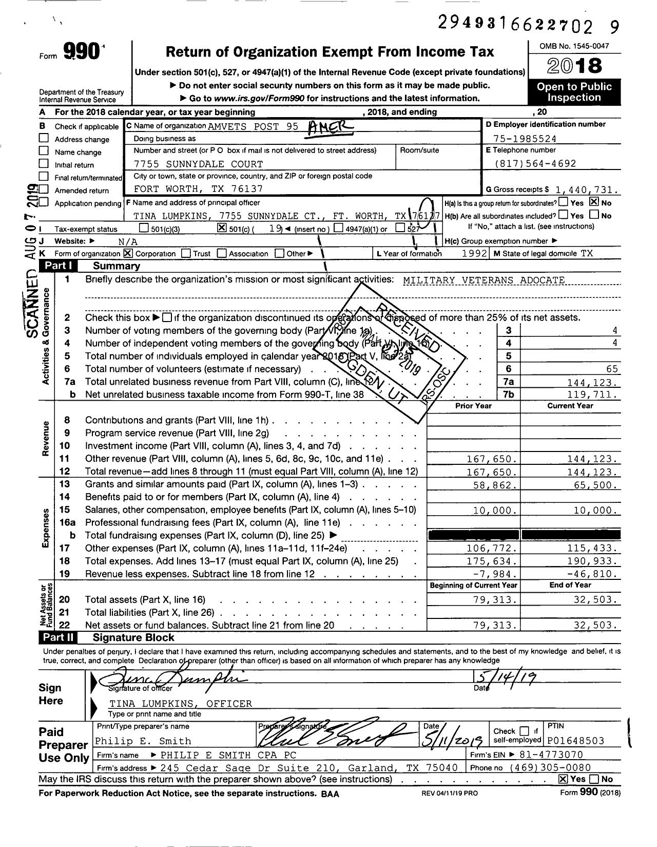 Image of first page of 2018 Form 990O for Amvets - TX-0095