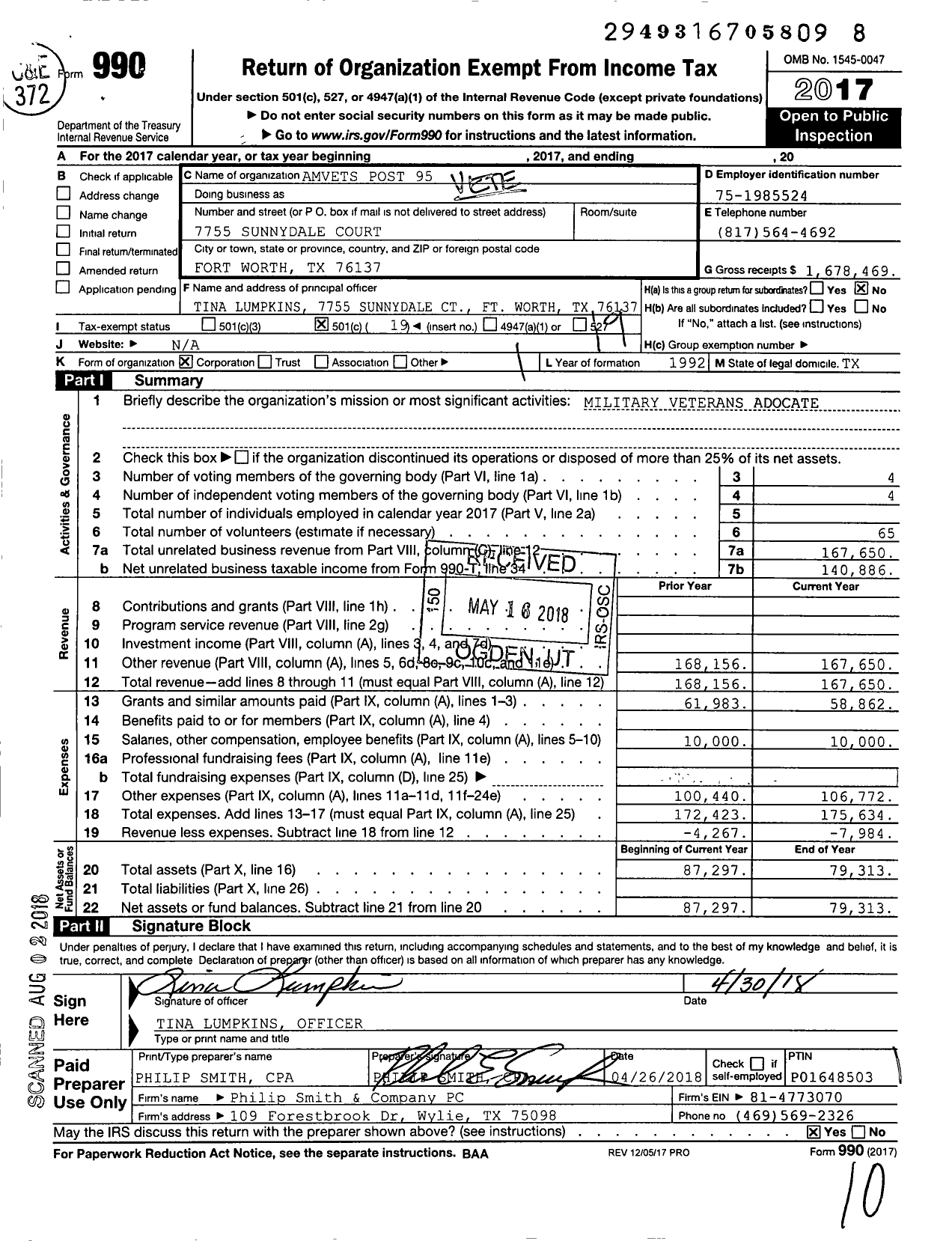 Image of first page of 2017 Form 990O for Amvets - TX-0095