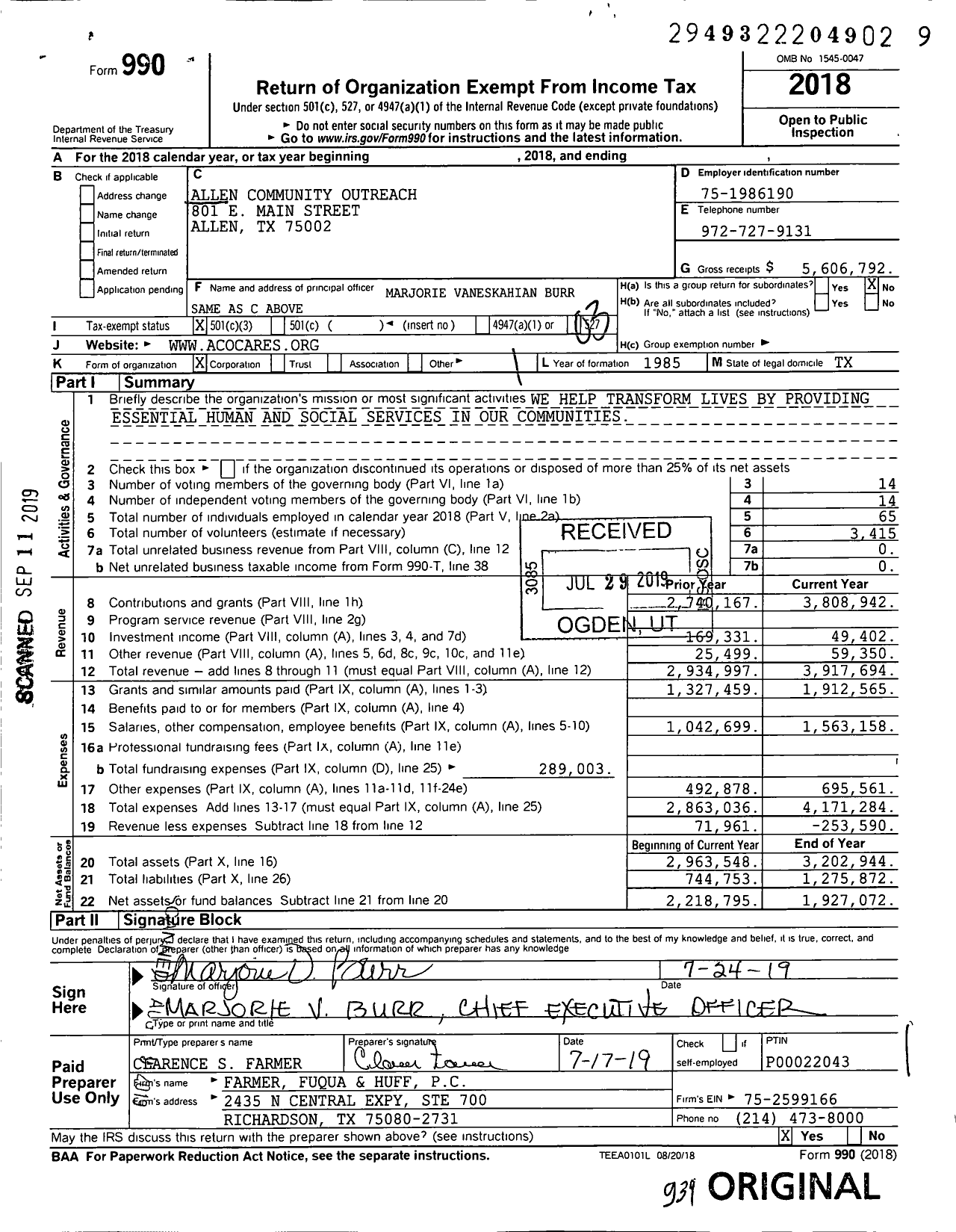 Image of first page of 2018 Form 990 for Allen Community Outreach (ACO)