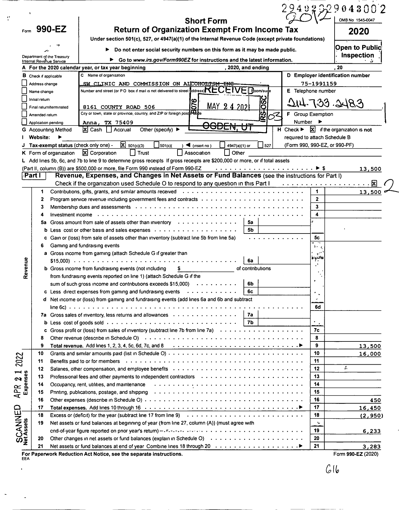 Image of first page of 2020 Form 990EZ for Southwest Clinic & Commission on Alcoholism