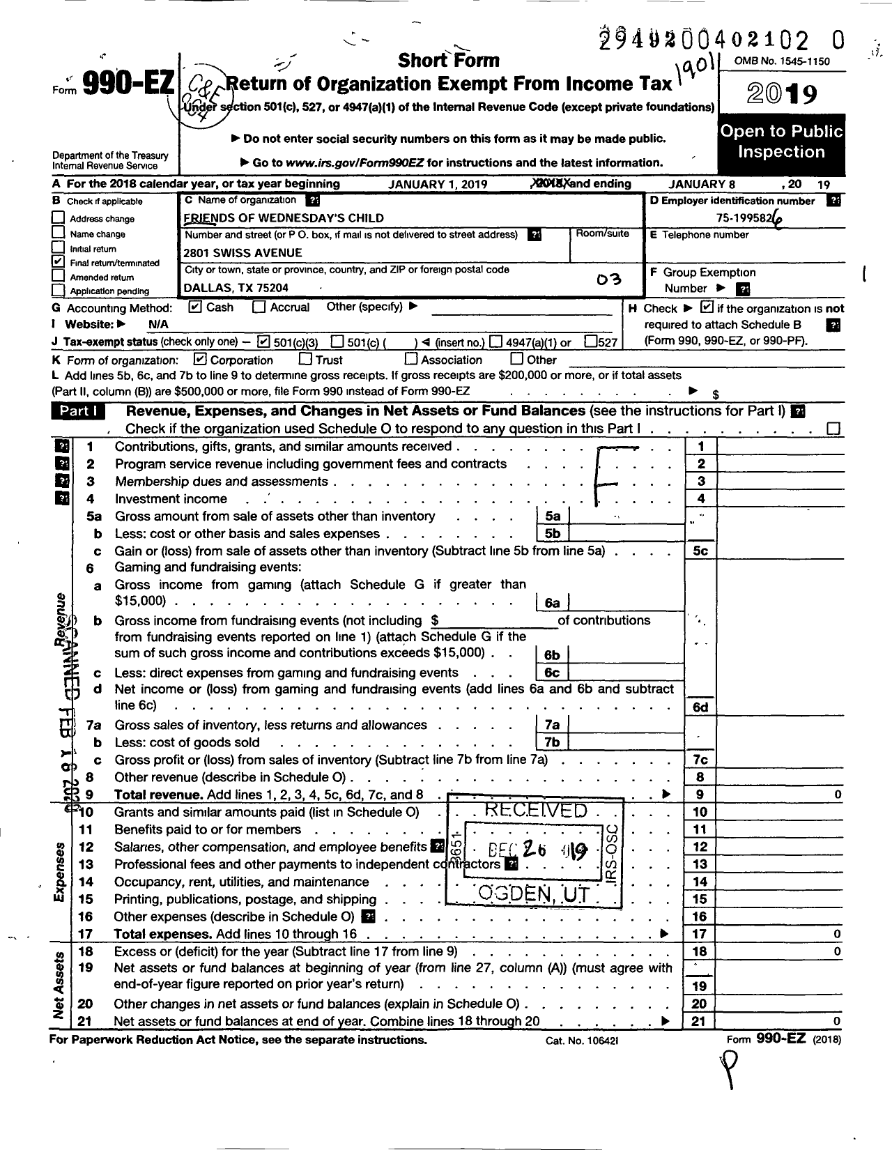 Image of first page of 2018 Form 990EZ for Friends of Wednesday's Child