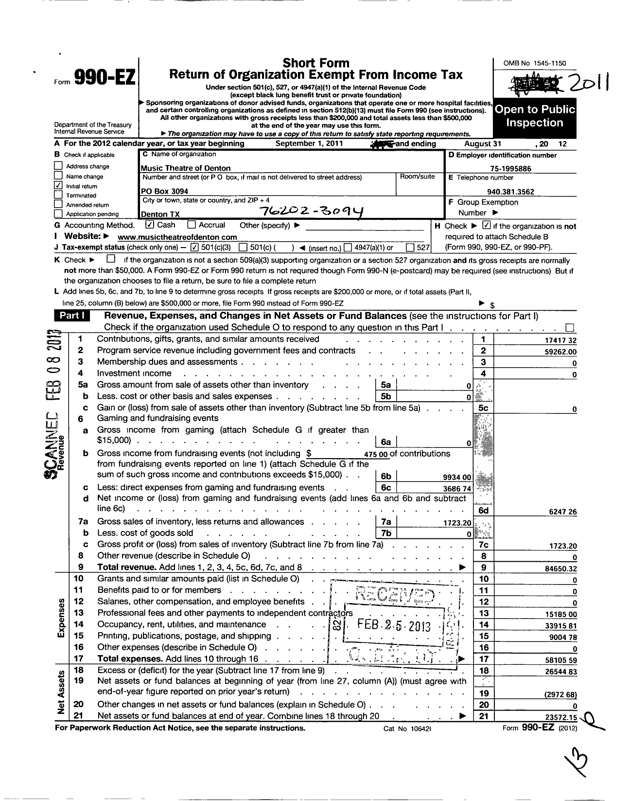 Image of first page of 2011 Form 990EZ for Music Theatre of Denton