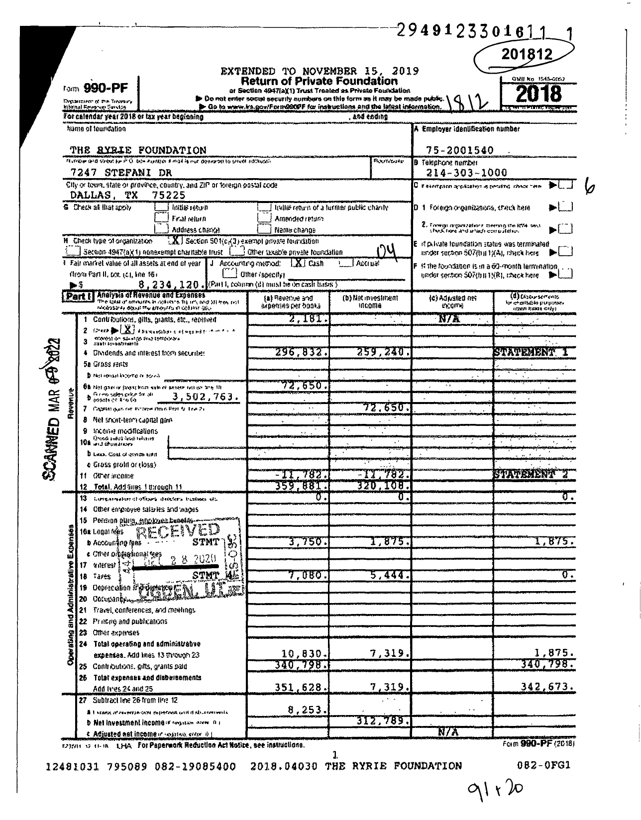 Image of first page of 2018 Form 990PF for The Ryrie Foundation