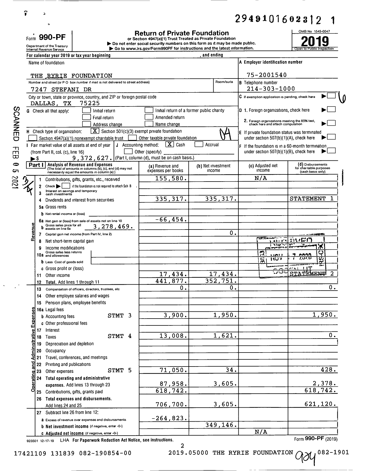 Image of first page of 2019 Form 990PF for The Ryrie Foundation