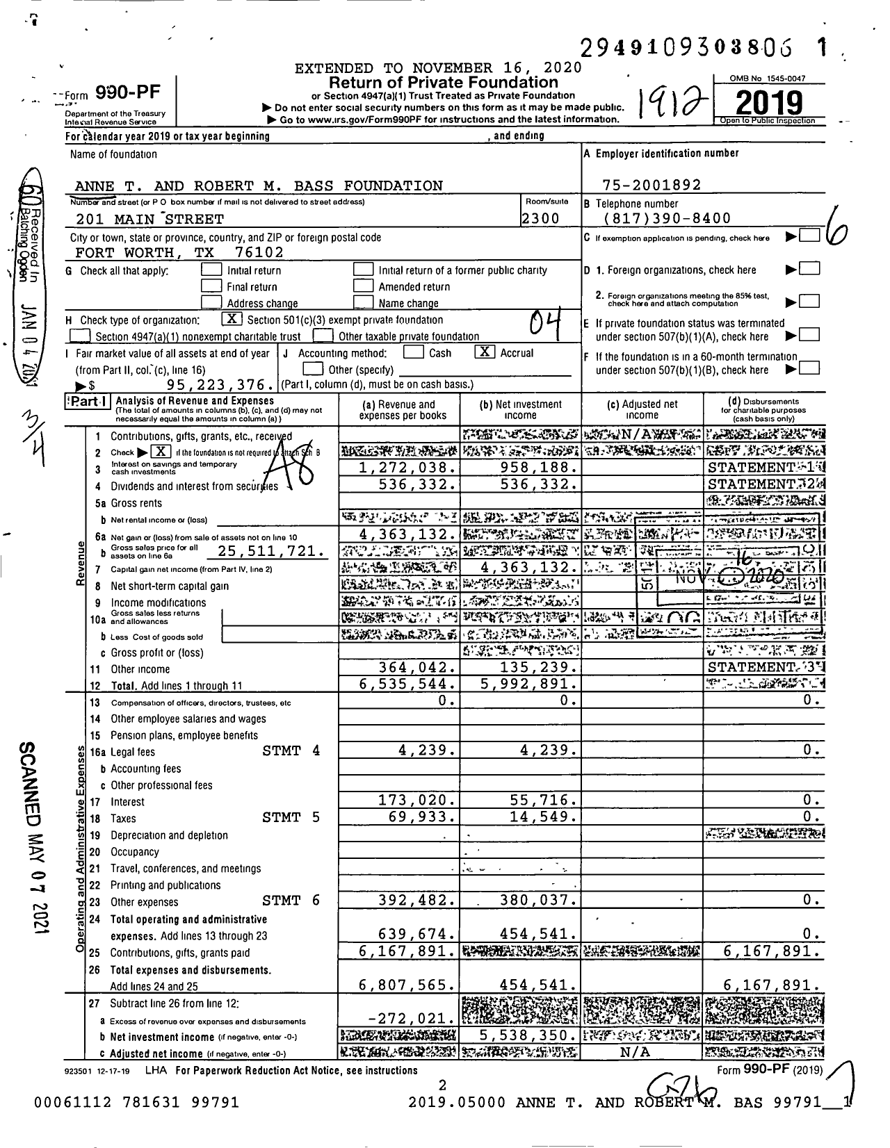 Image of first page of 2019 Form 990PF for Anne T and Robert M Bass Foundation