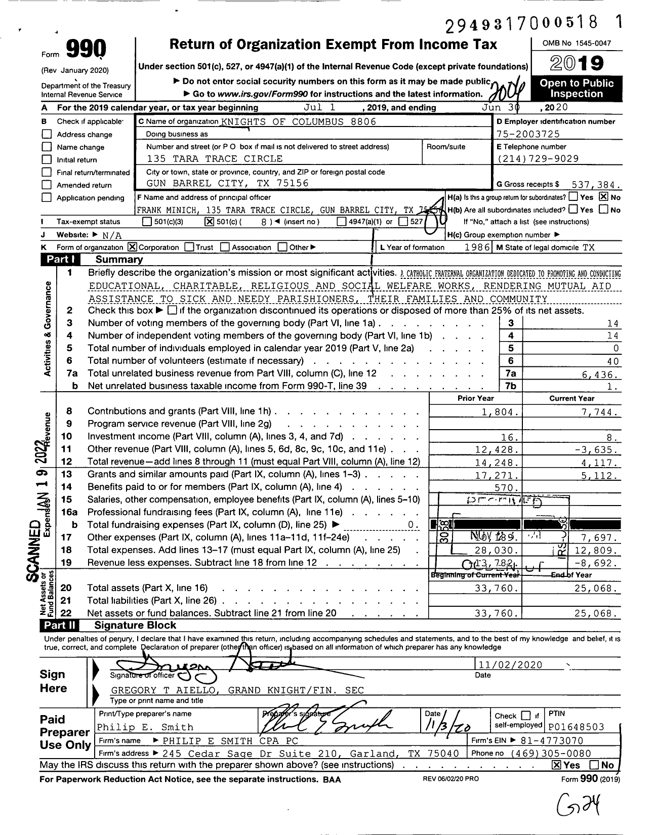 Image of first page of 2019 Form 990O for Knights of Columbus - 8806 Father Ben Mysliwiec Council