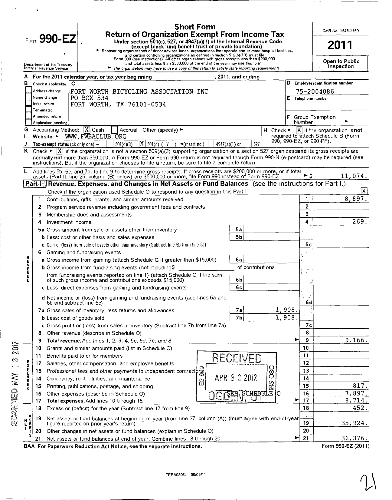 Image of first page of 2011 Form 990EO for Fort Worth Bicycling Association