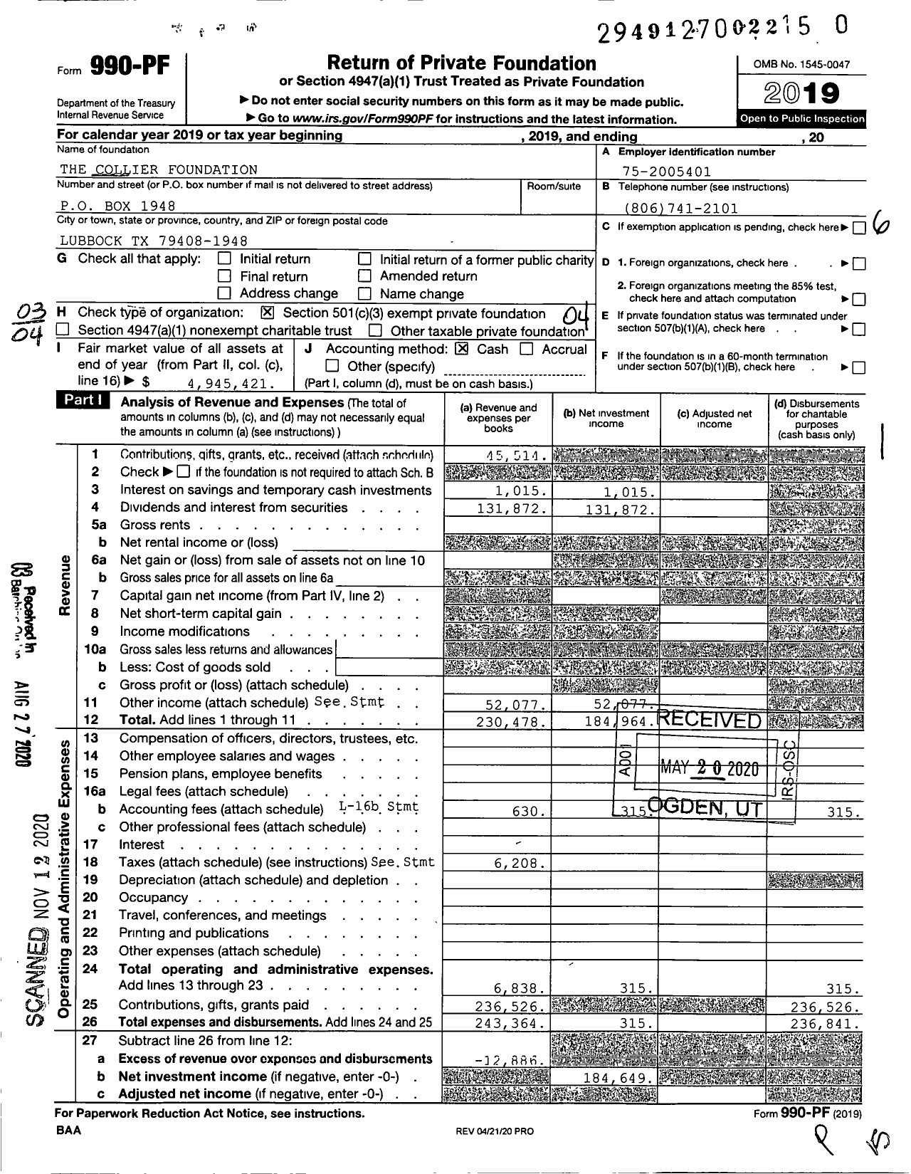 Image of first page of 2019 Form 990PF for The Collier Foundation