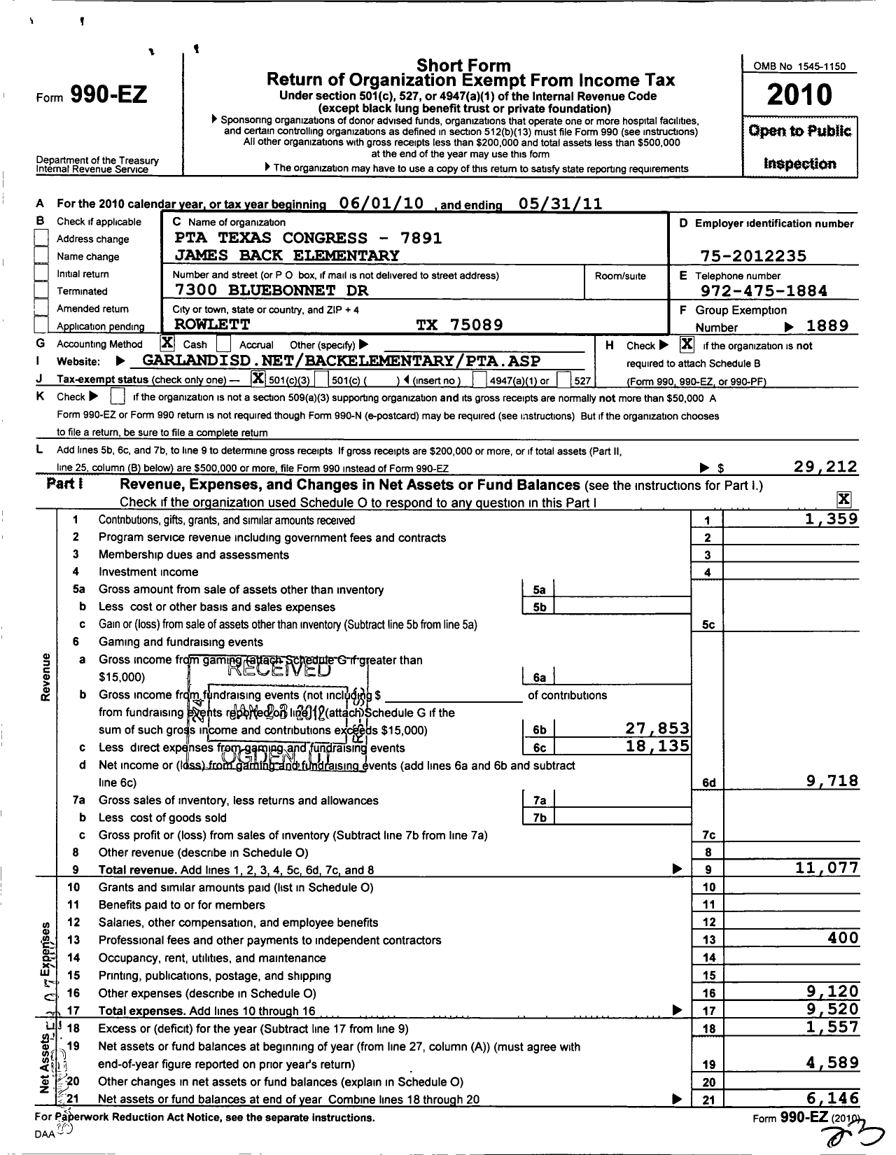 Image of first page of 2010 Form 990EZ for PTA Texas Congress / James Back Elementary