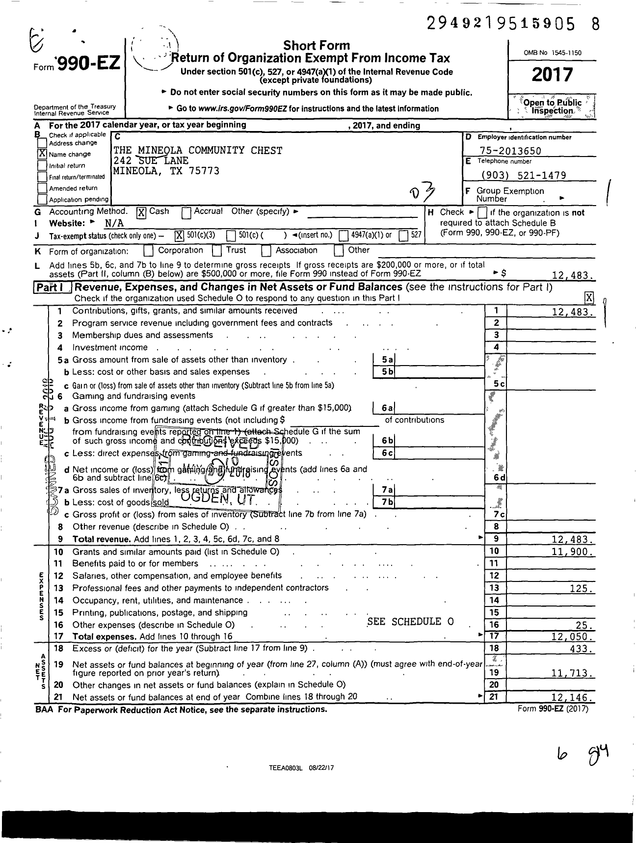 Image of first page of 2017 Form 990EZ for The Mineola Community Chest