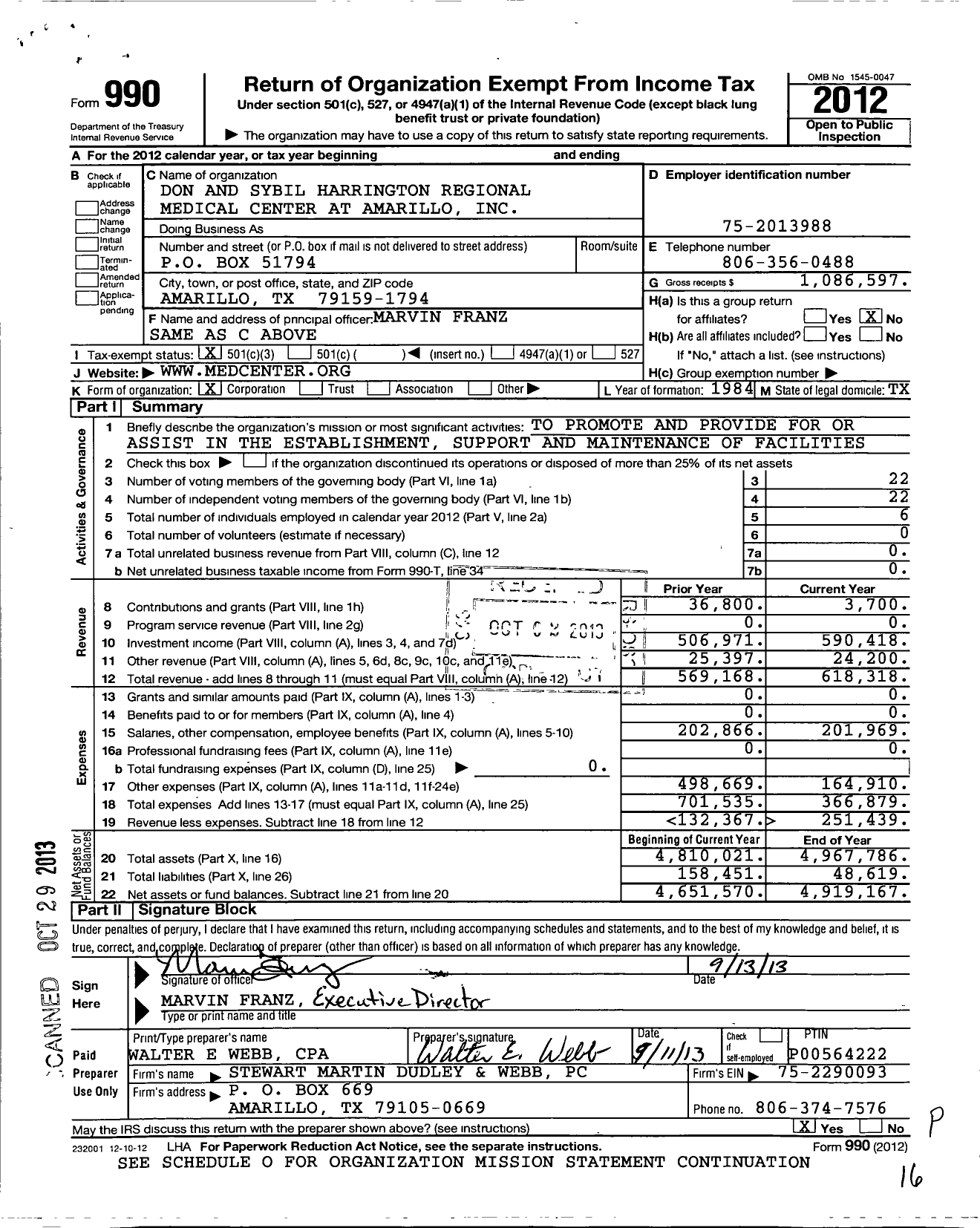 Image of first page of 2012 Form 990 for Don and Sybil Harrington Regional Medical Center at Amarillo