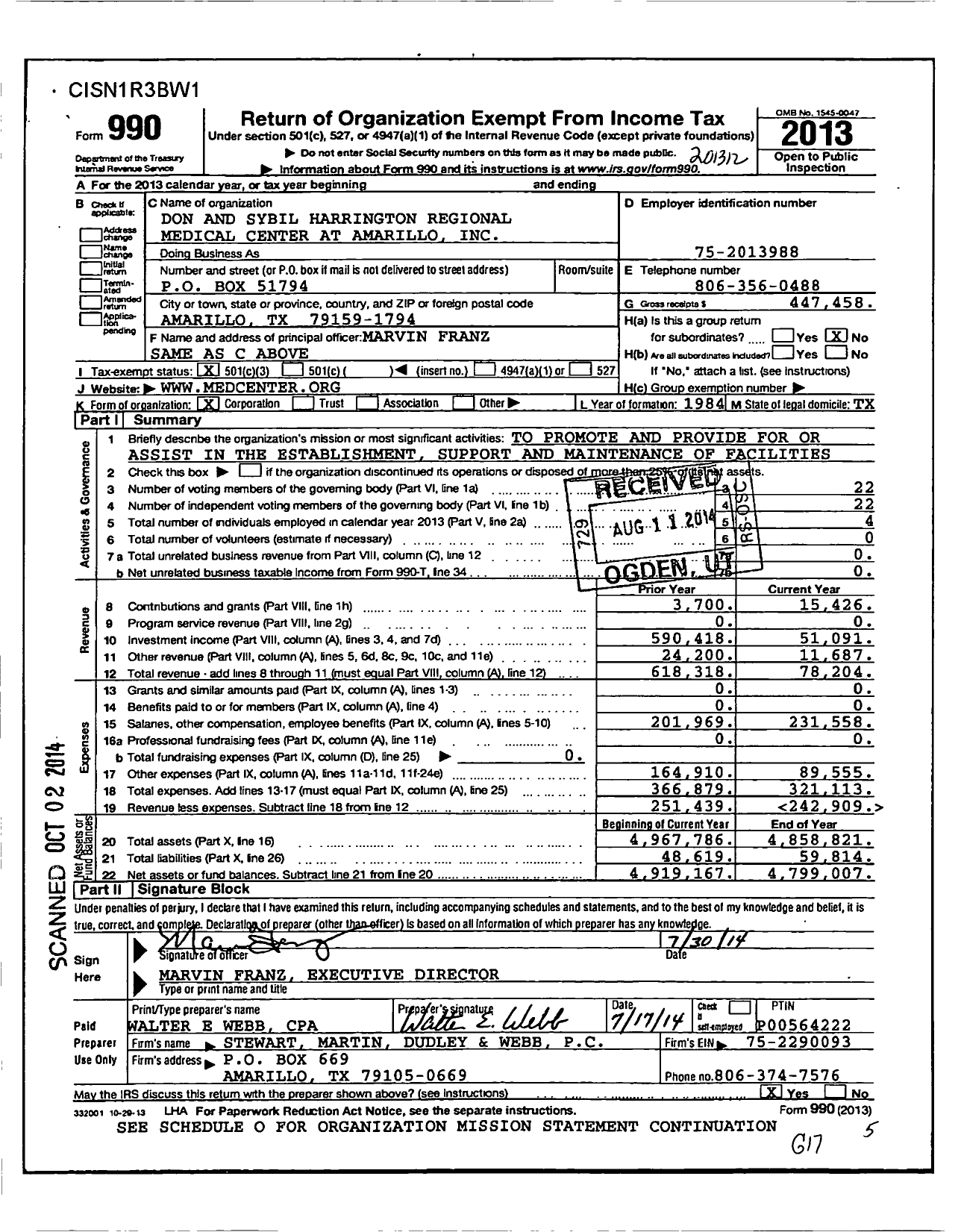 Image of first page of 2013 Form 990 for Don and Sybil Harrington Regional Medical Center at Amarillo