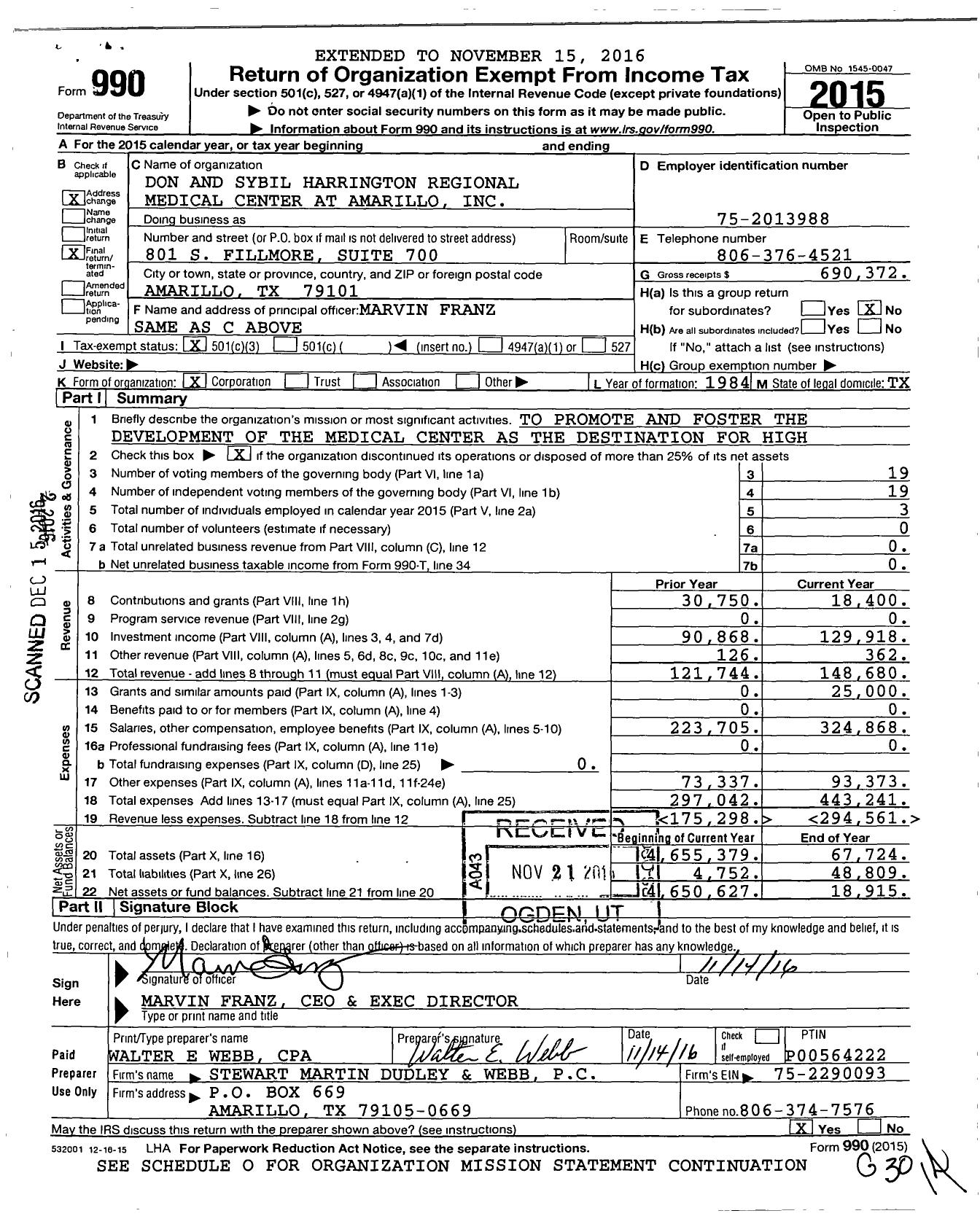 Image of first page of 2015 Form 990 for Don and Sybil Harrington Regional Medical Center at Amarillo