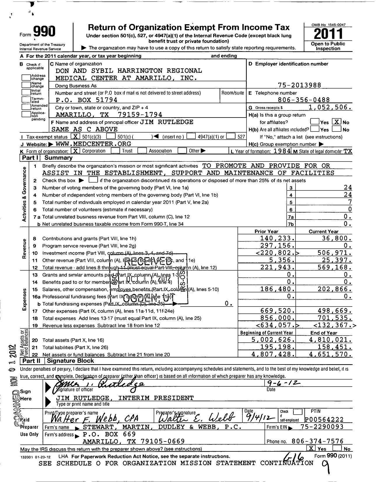 Image of first page of 2011 Form 990 for Don and Sybil Harrington Regional Medical Center at Amarillo