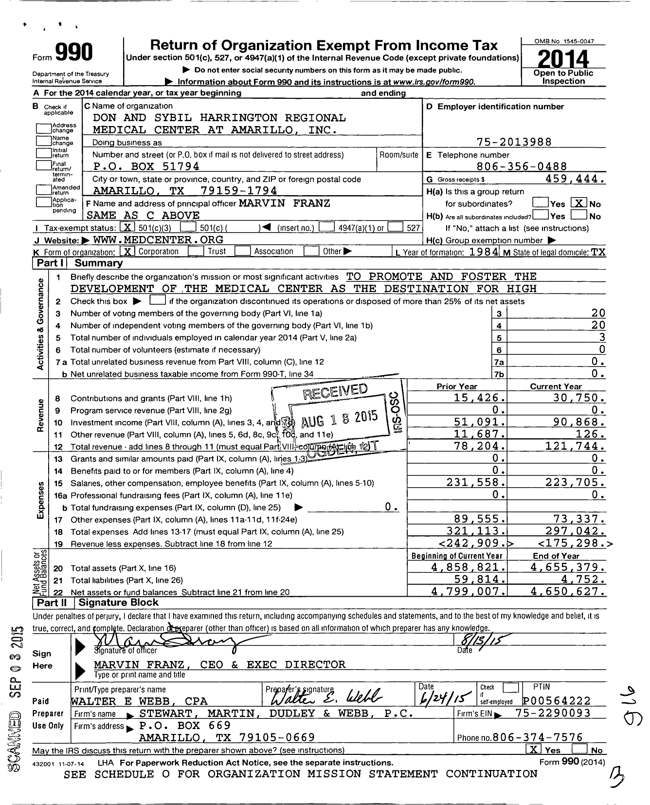 Image of first page of 2014 Form 990 for Don and Sybil Harrington Regional Medical Center at Amarillo