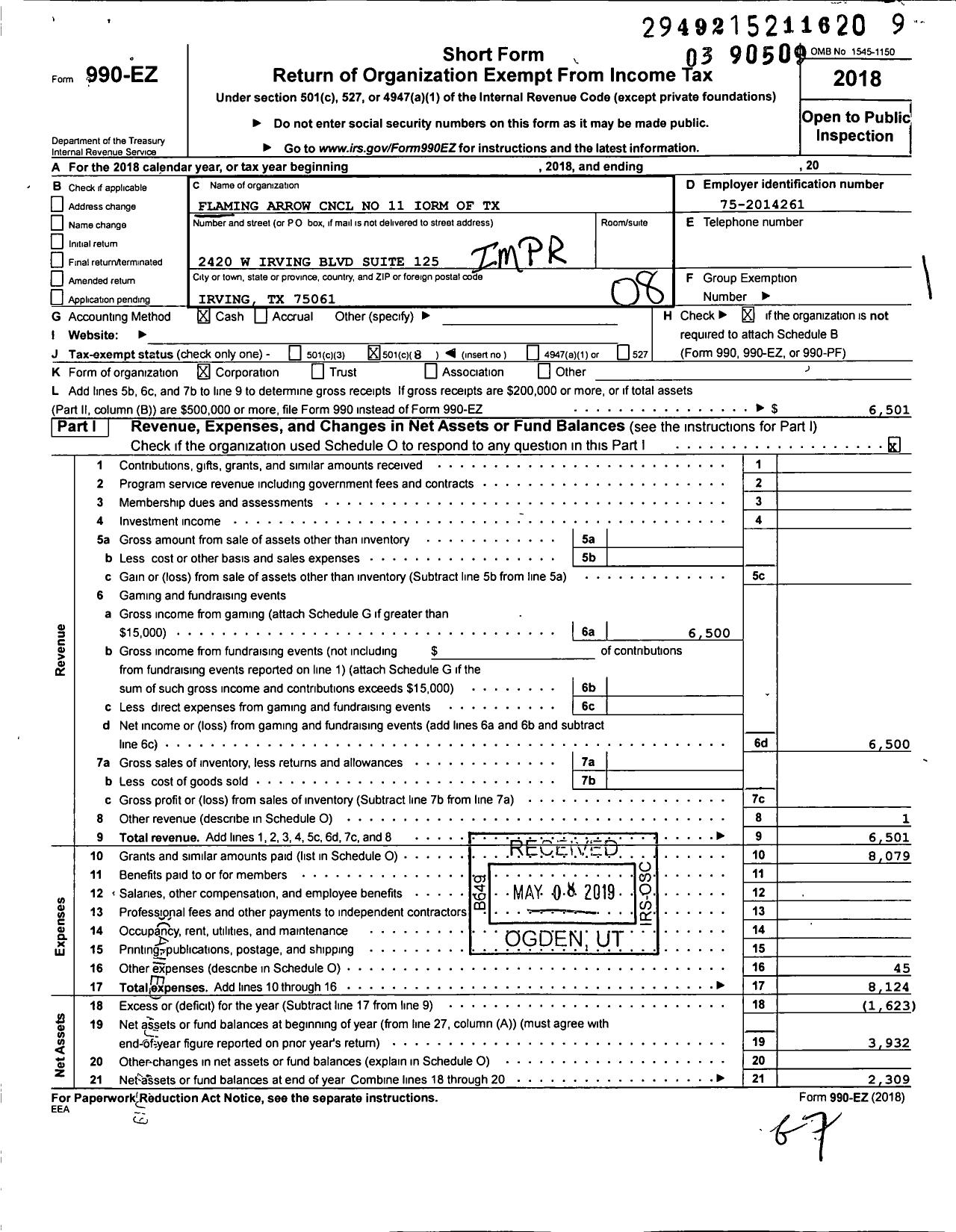 Image of first page of 2018 Form 990EO for Improved Order Of Red Men Of Texas - 11 Flaming Arrow Council